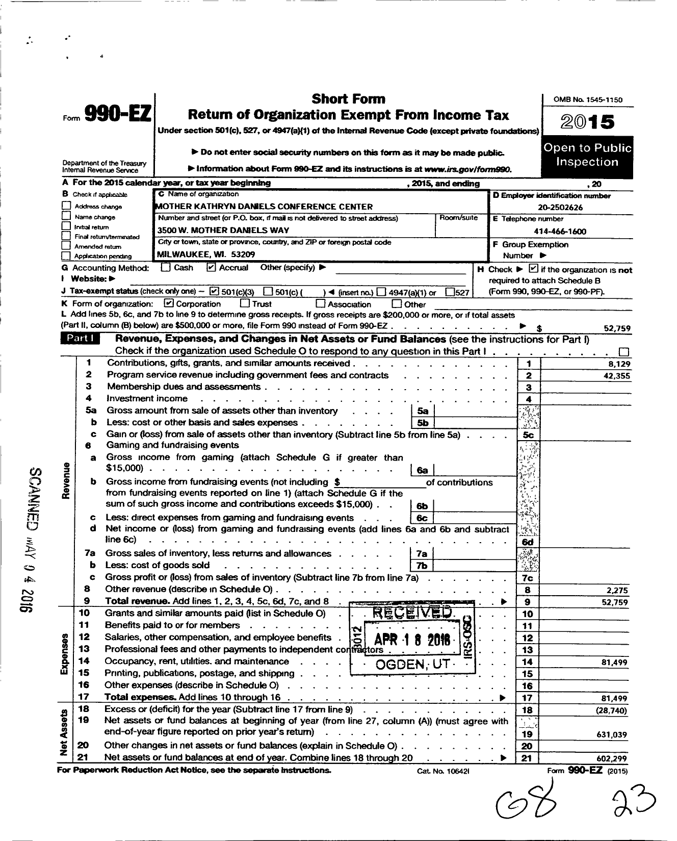 Image of first page of 2015 Form 990EZ for Mother Kathryn Daniels Conference Center