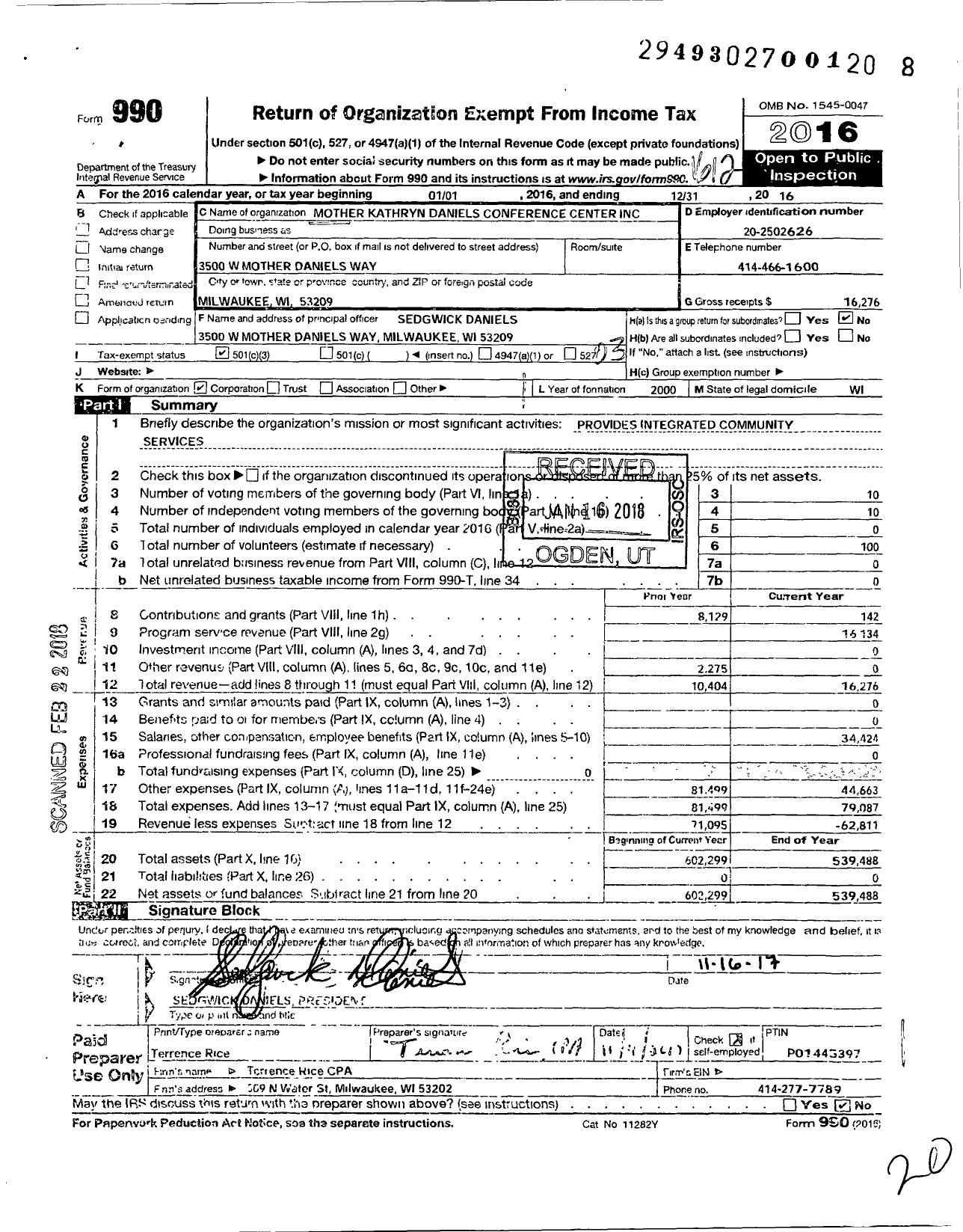 Image of first page of 2016 Form 990 for Mother Kathryn Daniels Conference Center