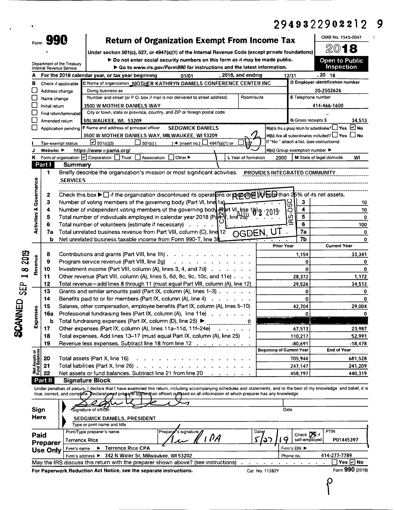 Image of first page of 2018 Form 990 for Mother Kathryn Daniels Conference Center