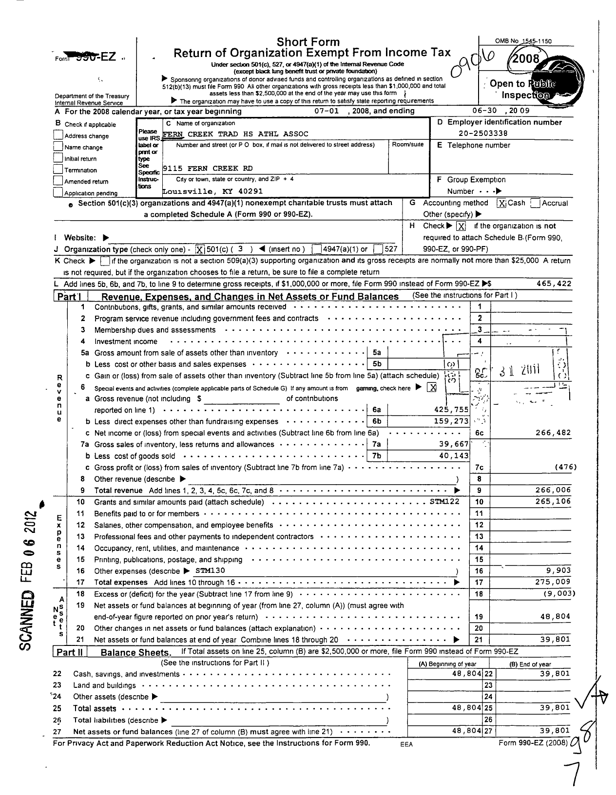 Image of first page of 2008 Form 990EZ for Fern Creek Community Advocates