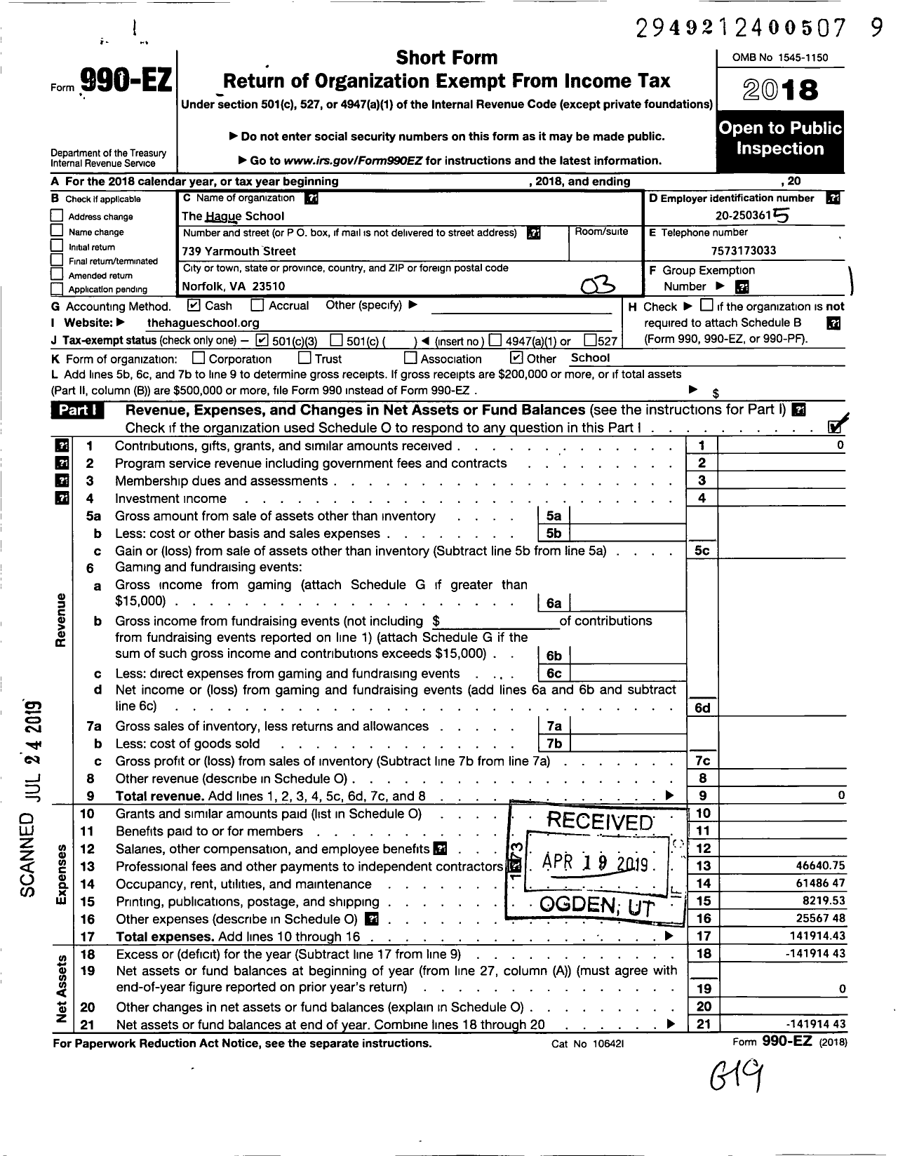 Image of first page of 2018 Form 990EZ for The Hague School