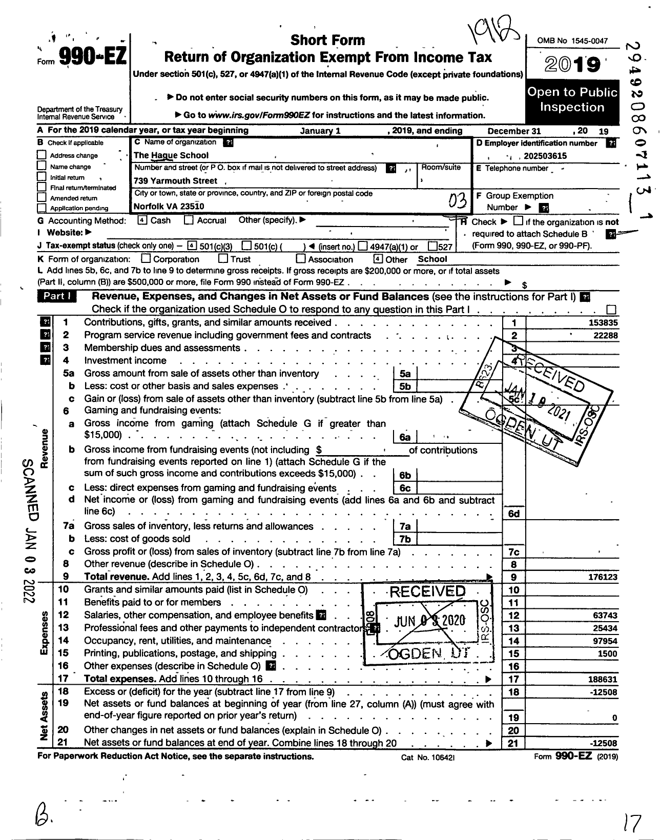 Image of first page of 2019 Form 990EZ for The Hague School