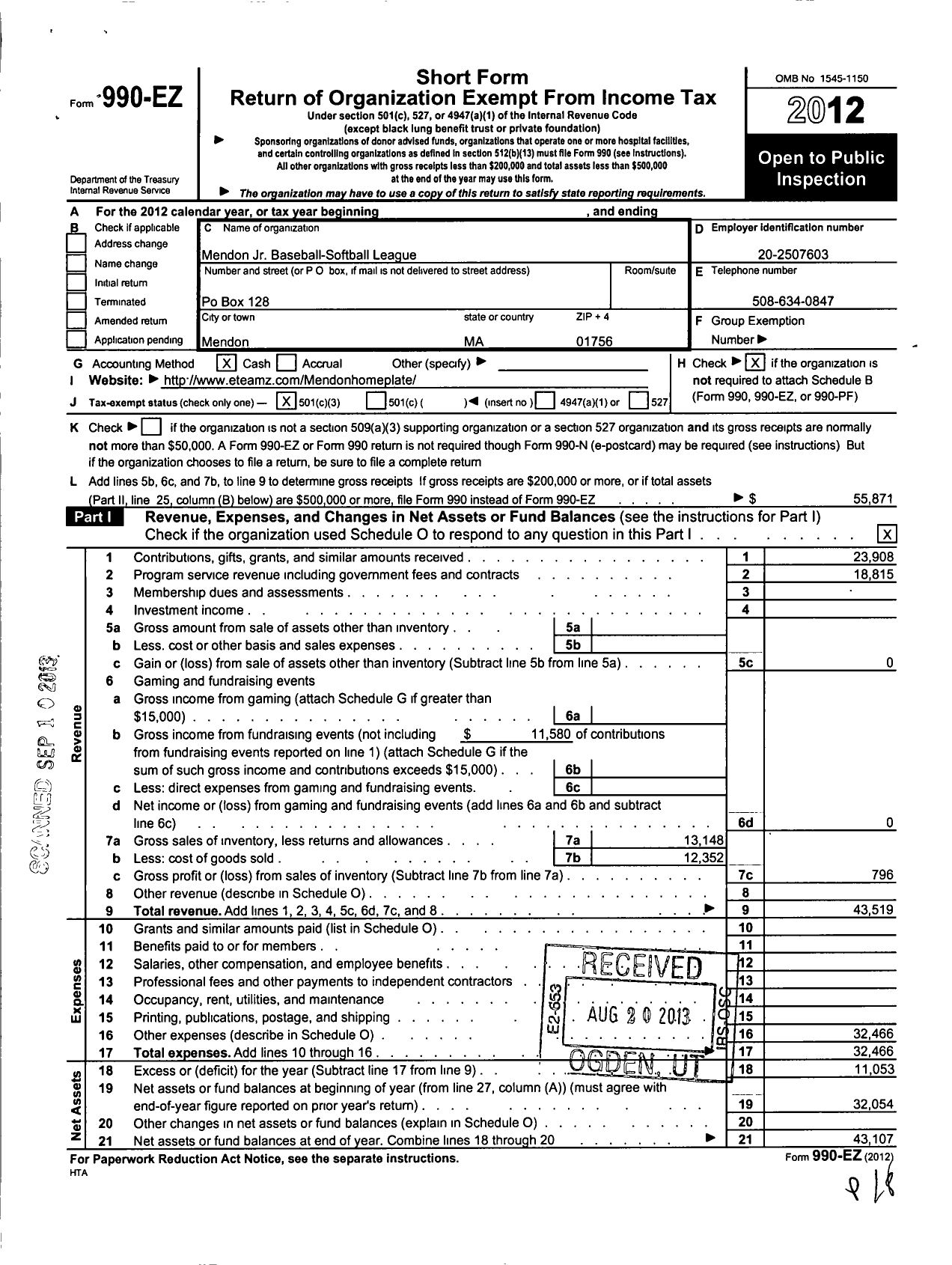 Image of first page of 2012 Form 990EZ for Mendon JR Baseball-Softball League