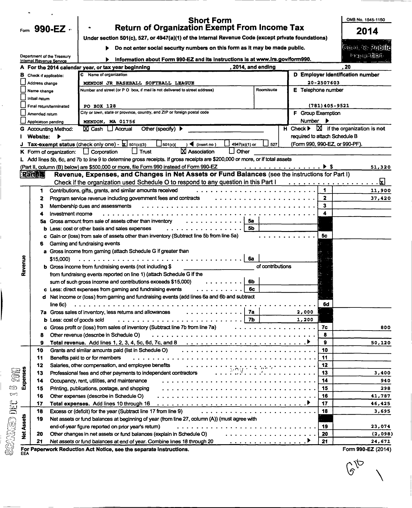 Image of first page of 2014 Form 990EZ for Mendon JR Baseball-Softball League