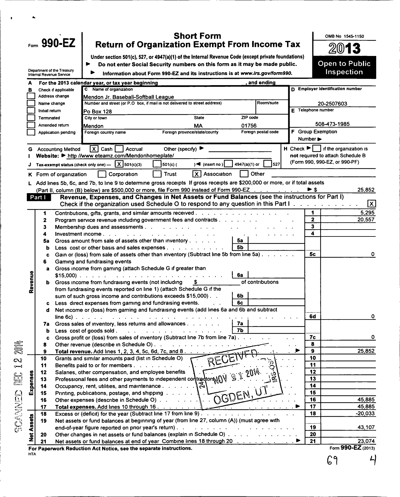 Image of first page of 2013 Form 990EZ for Mendon JR Baseball-Softball League