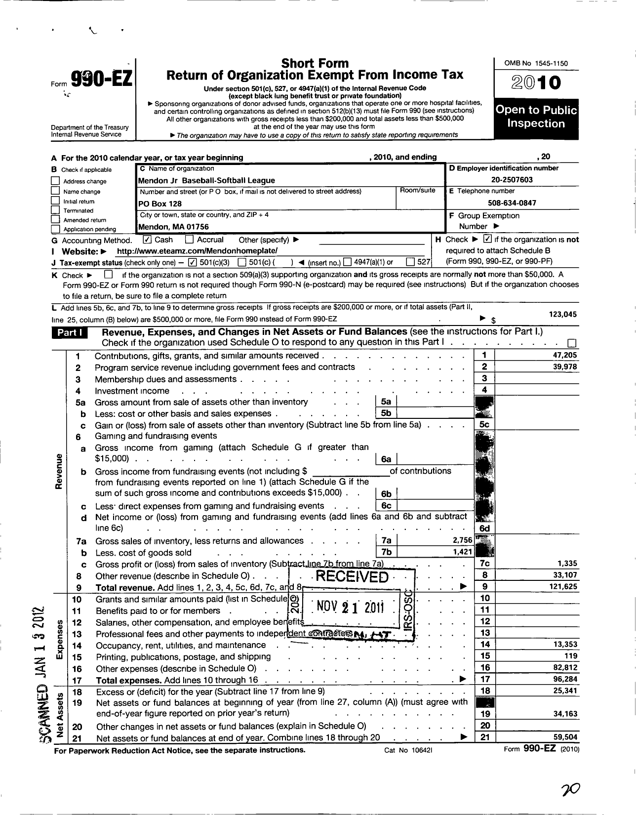 Image of first page of 2010 Form 990EZ for Mendon JR Baseball-Softball League