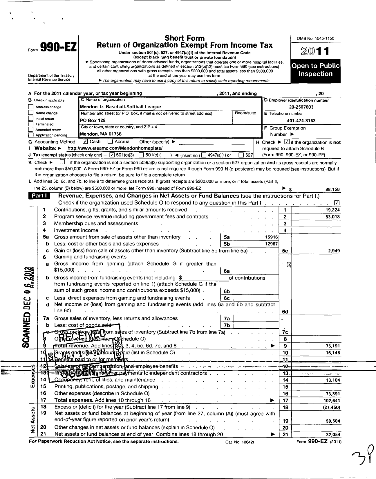 Image of first page of 2011 Form 990EZ for Mendon JR Baseball-Softball League