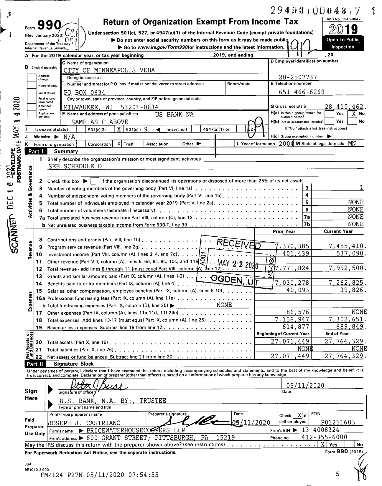Image of first page of 2019 Form 990O for City of Minneapolis Veba