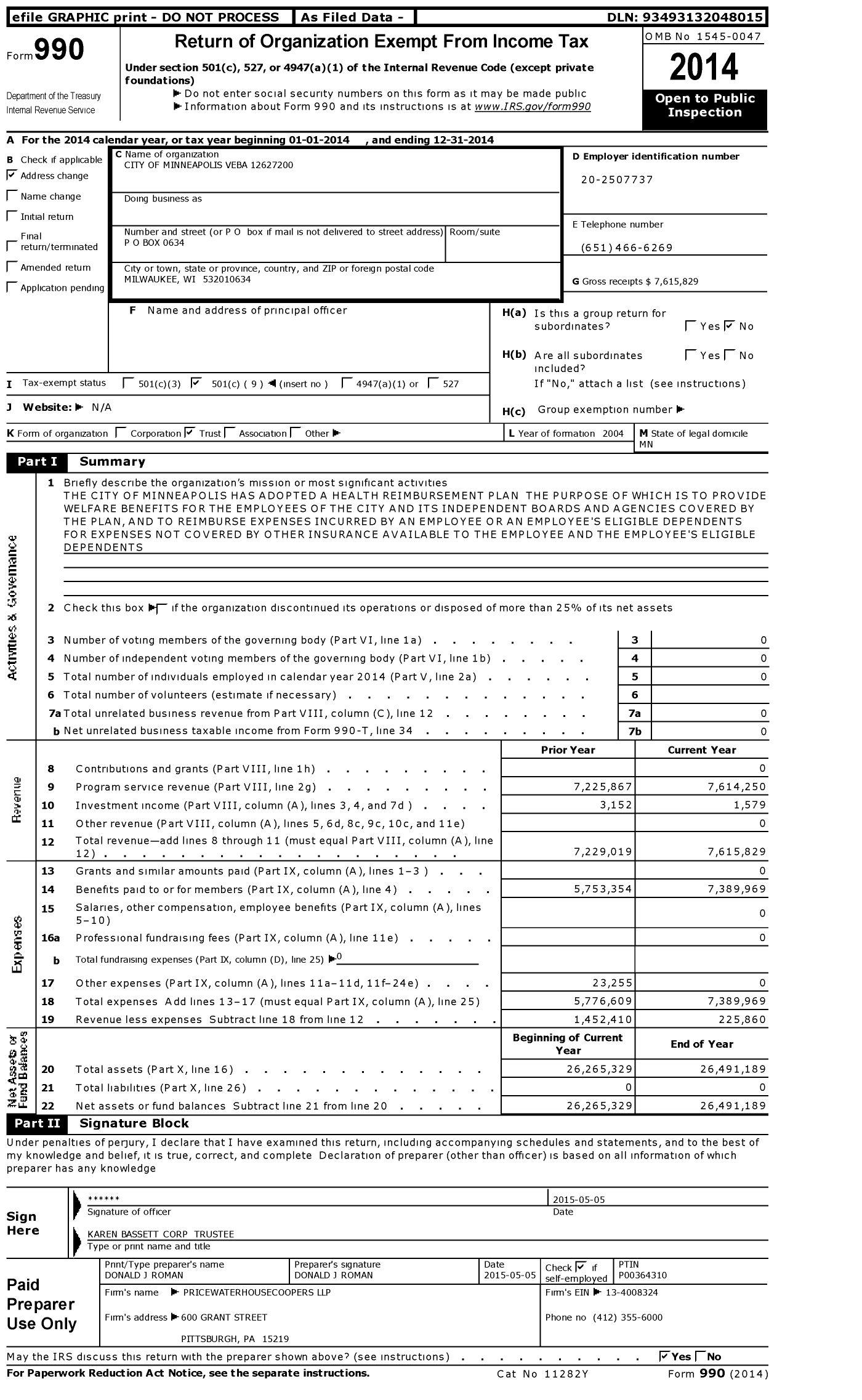 Image of first page of 2014 Form 990O for City of Minneapolis Veba