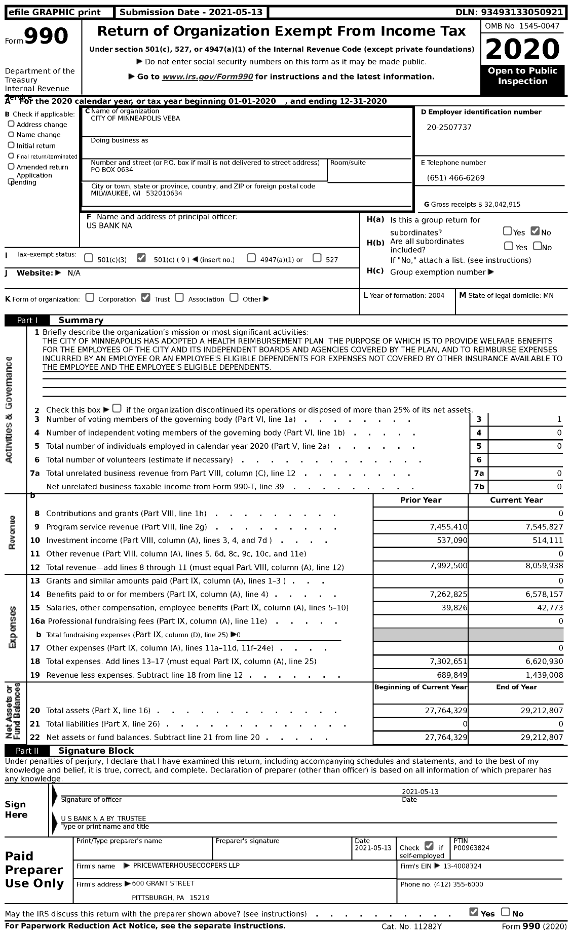Image of first page of 2020 Form 990 for City of Minneapolis Veba