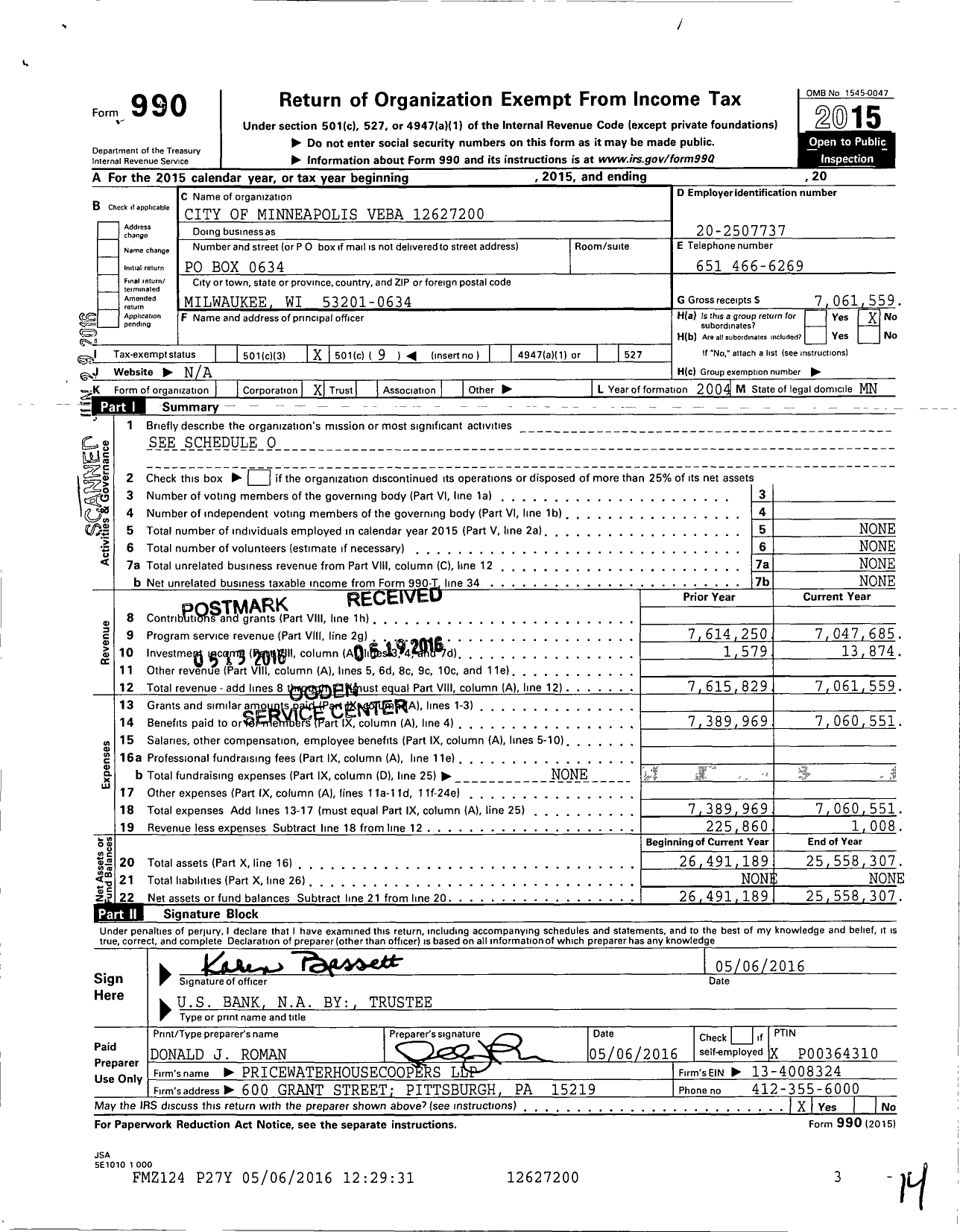 Image of first page of 2015 Form 990O for City of Minneapolis Veba