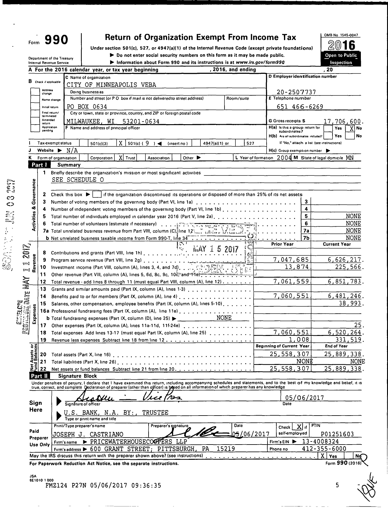 Image of first page of 2016 Form 990O for City of Minneapolis Veba