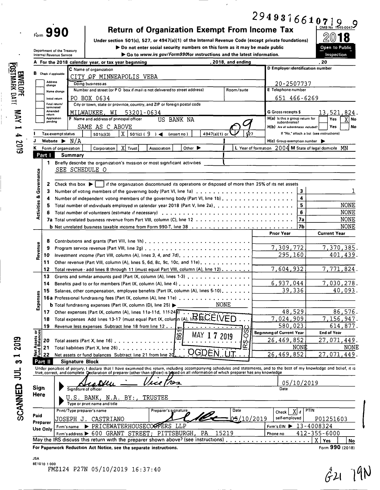 Image of first page of 2018 Form 990O for City of Minneapolis Veba