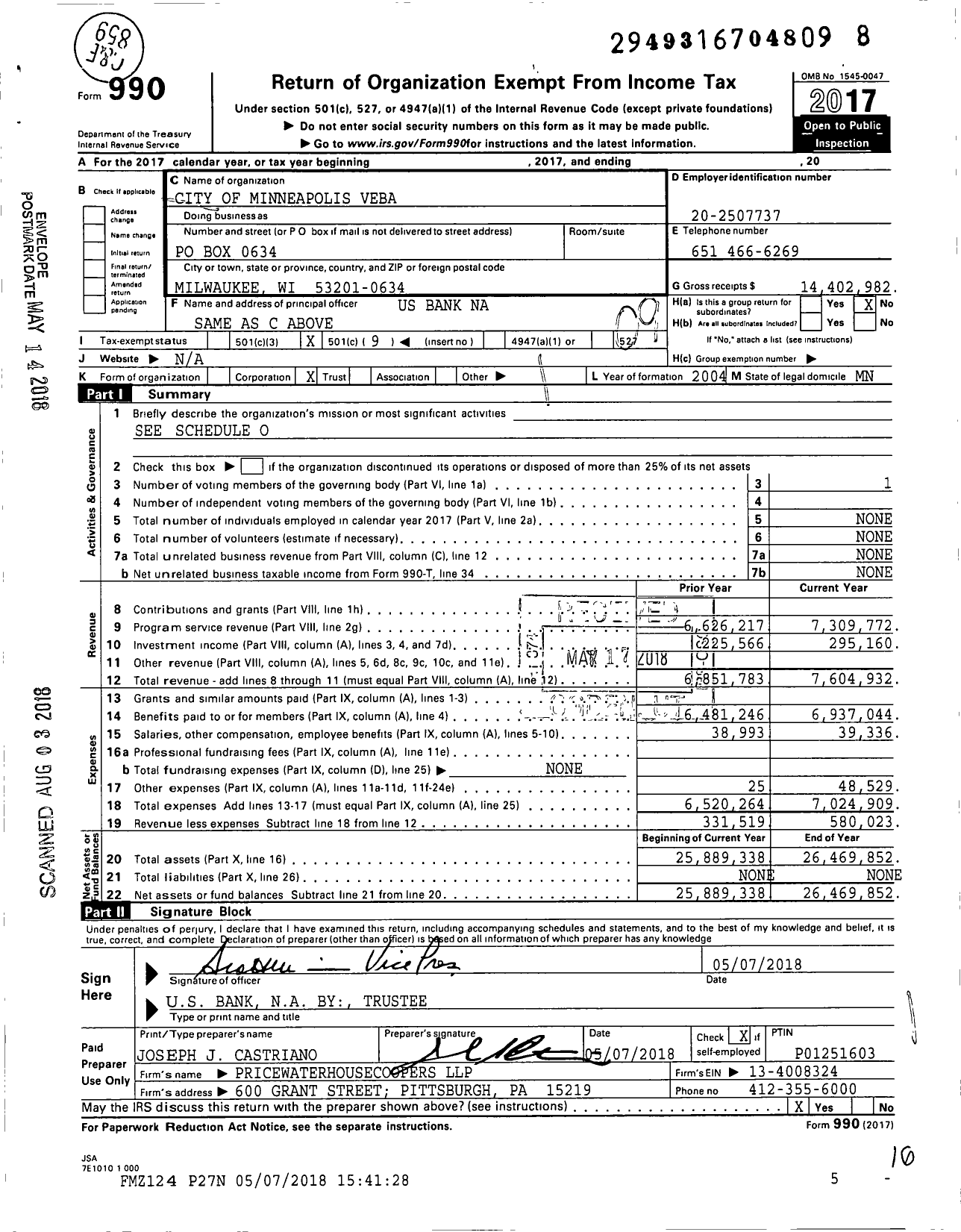 Image of first page of 2017 Form 990O for City of Minneapolis Veba