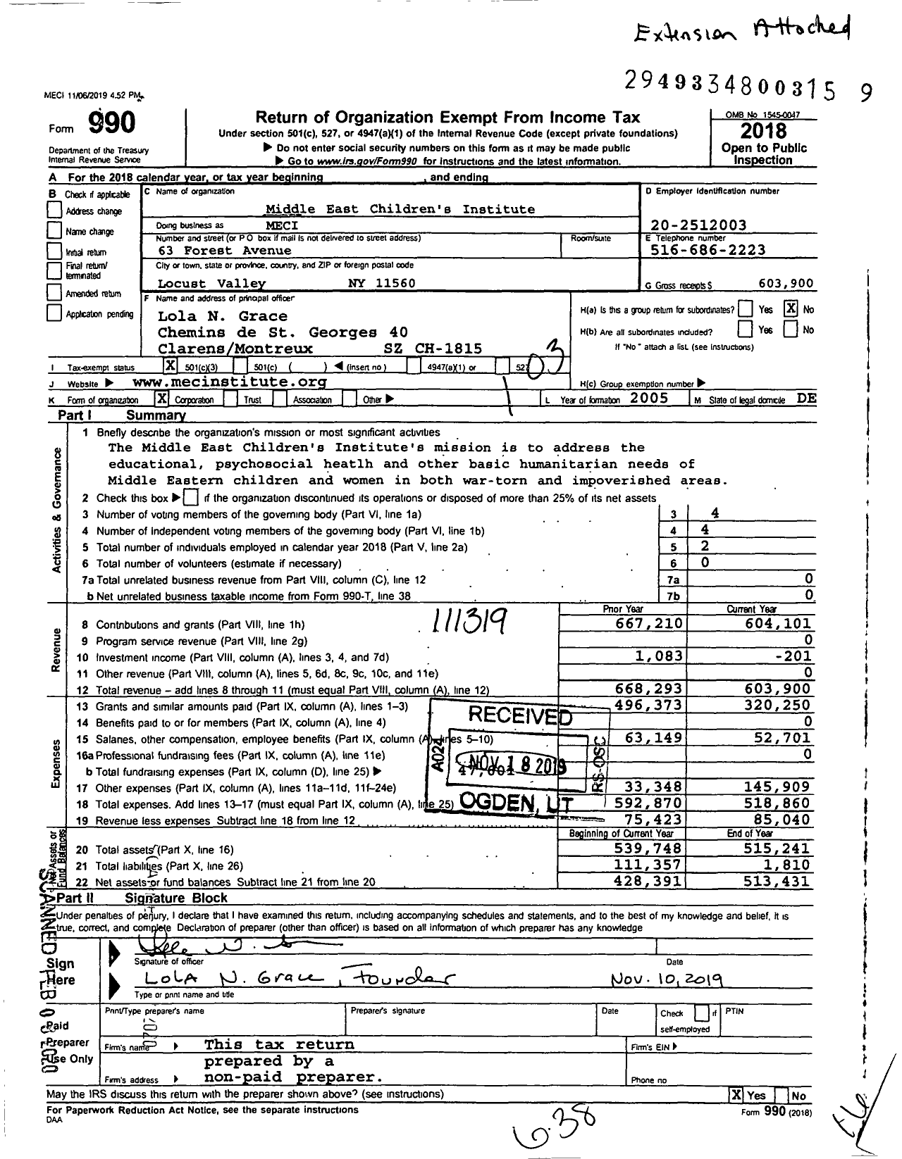 Image of first page of 2018 Form 990 for Middle East Childrens Institute (MECI)