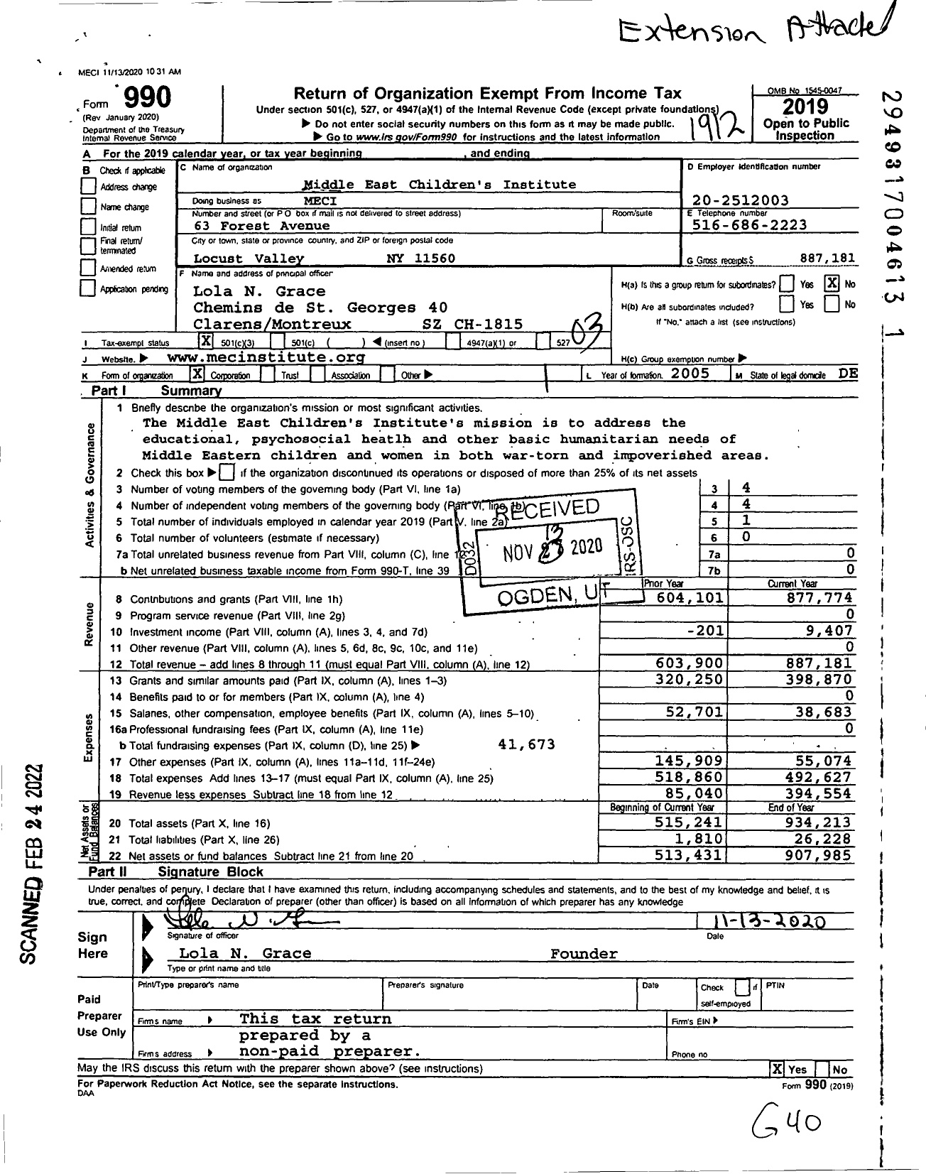 Image of first page of 2019 Form 990 for Middle East Childrens Institute (MECI)