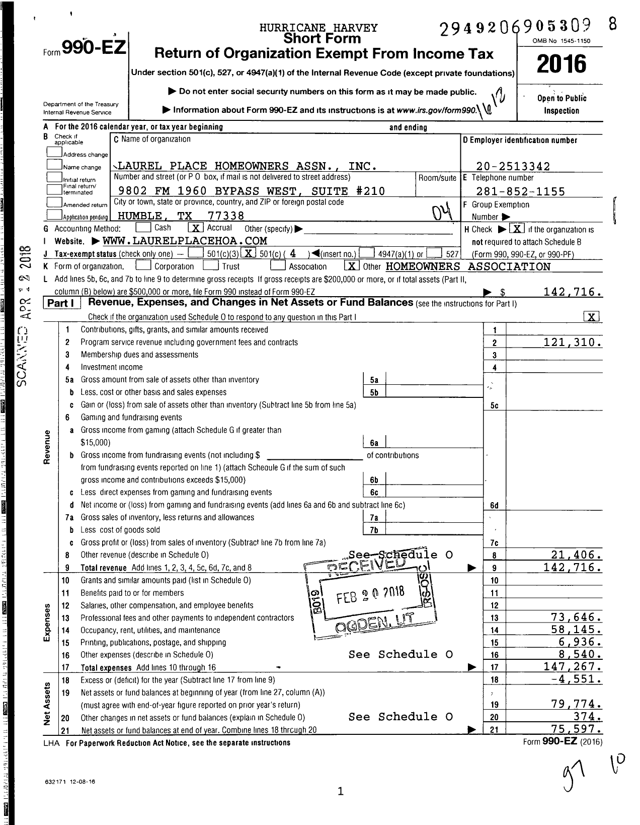 Image of first page of 2016 Form 990EO for Laurel Place Homeowners Association