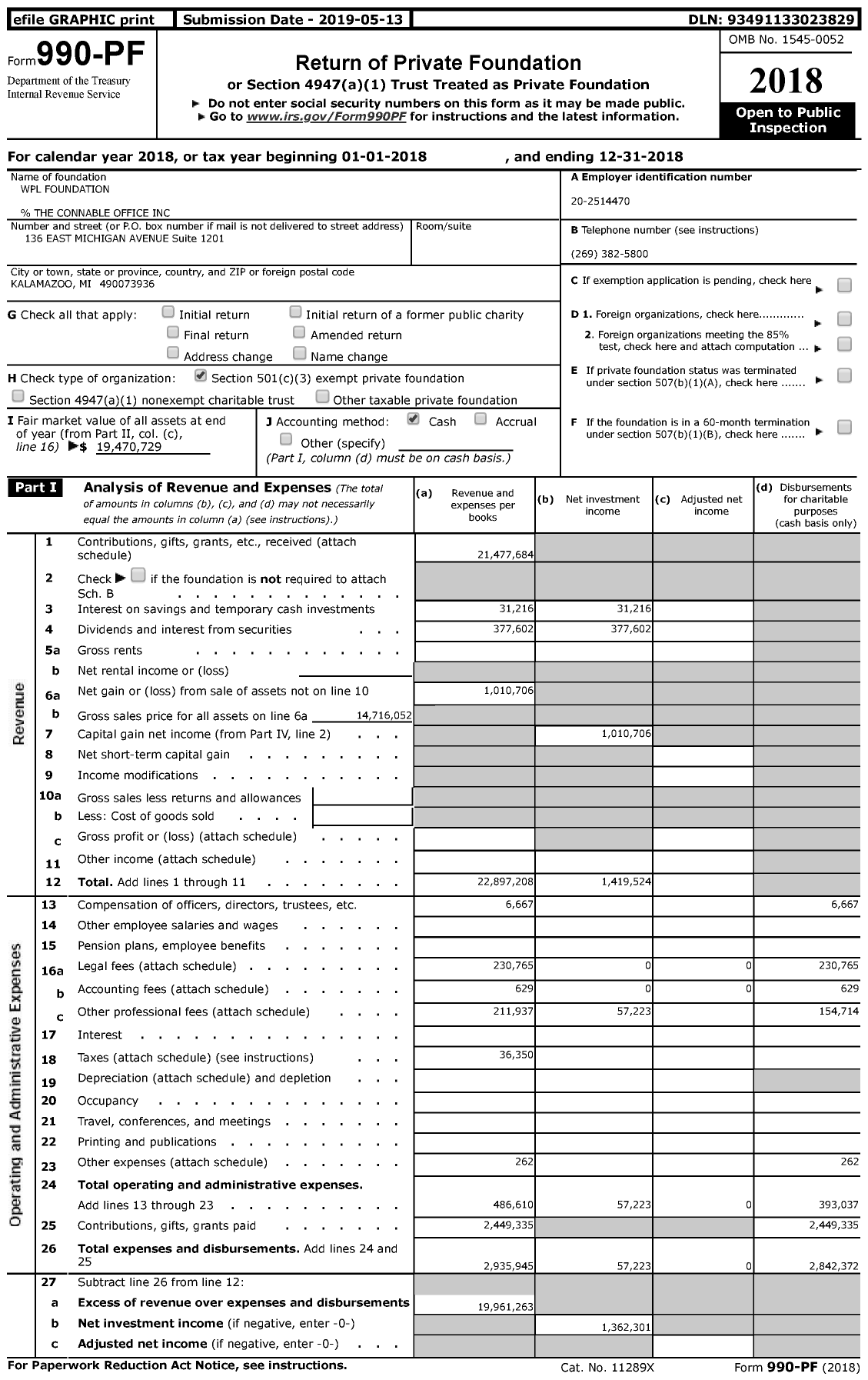 Image of first page of 2018 Form 990PF for WPL Foundation