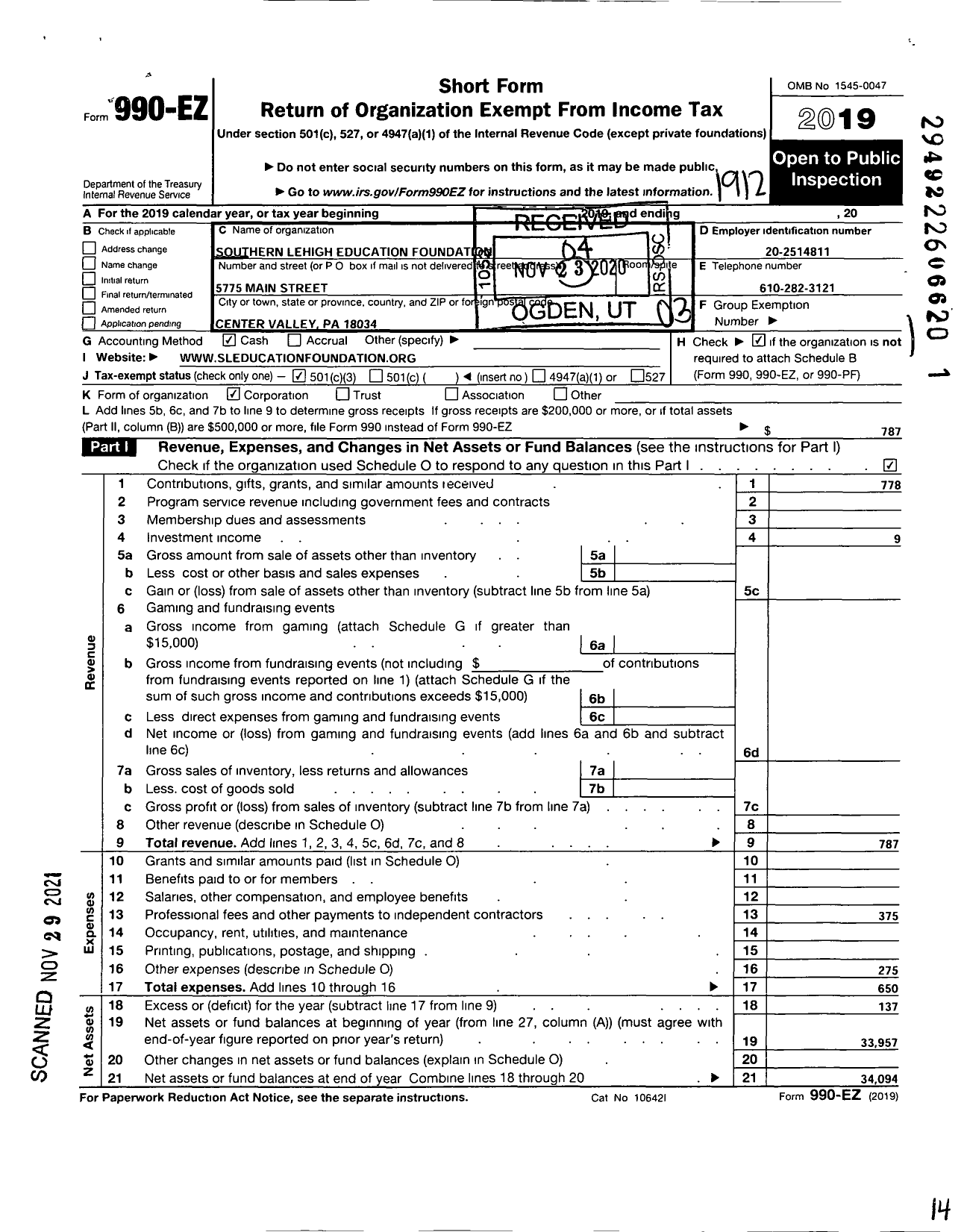 Image of first page of 2019 Form 990EZ for Southern Lehigh Education Foundation