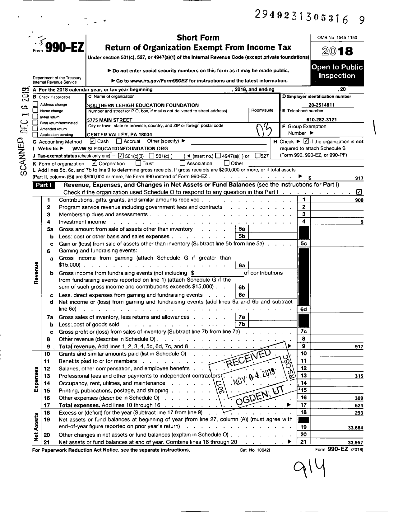 Image of first page of 2018 Form 990EZ for Southern Lehigh Education Foundation