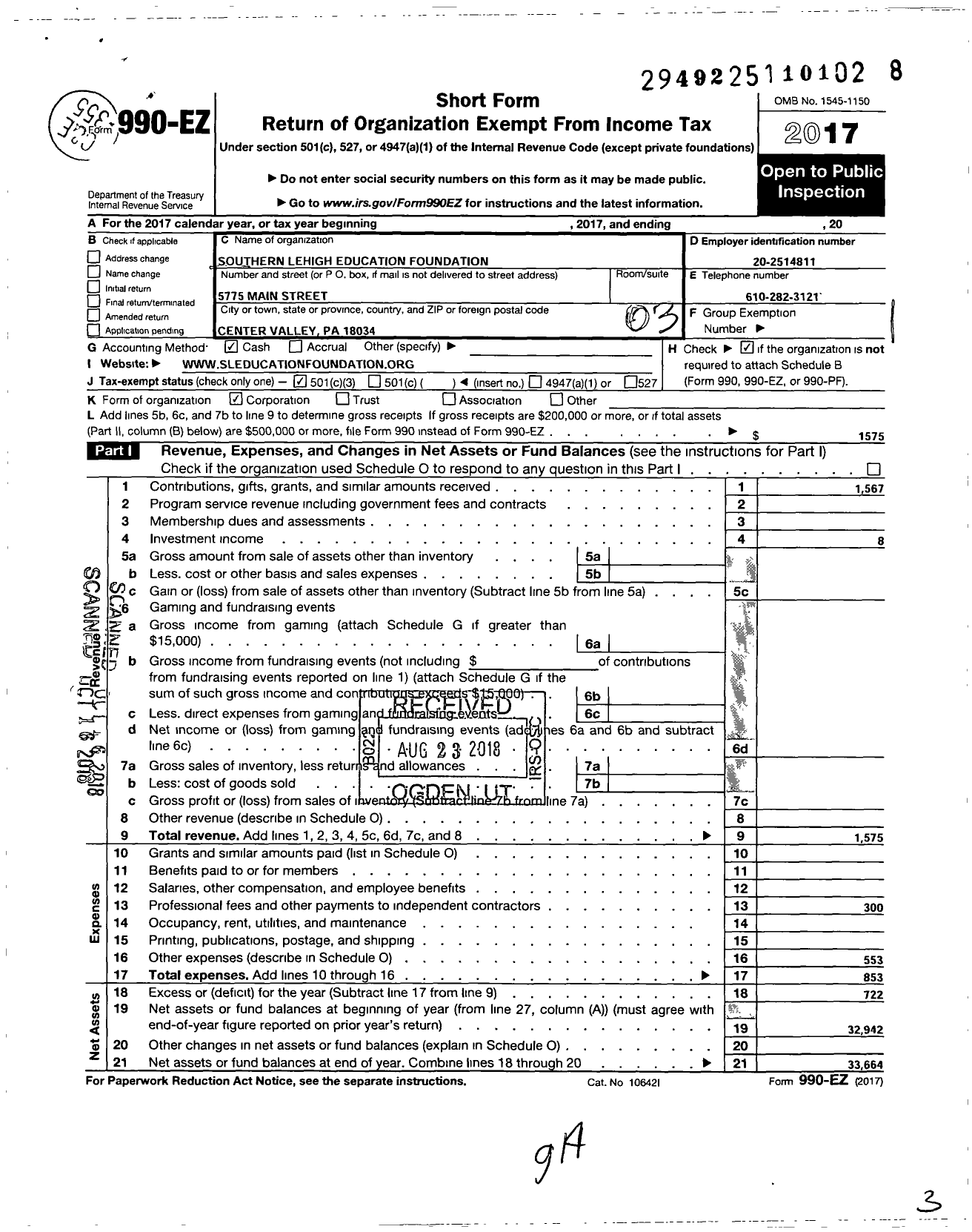 Image of first page of 2017 Form 990EZ for Southern Lehigh Education Foundation