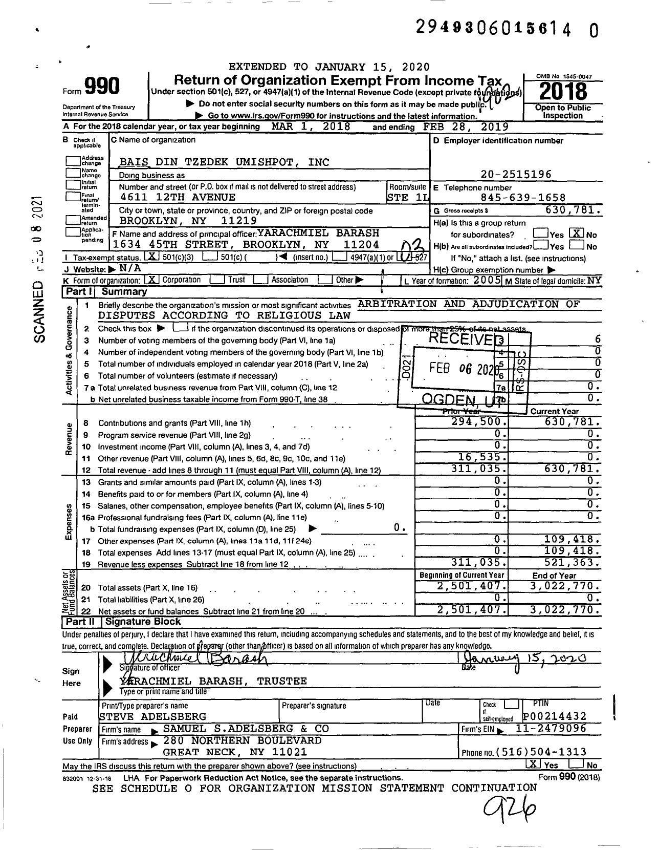 Image of first page of 2018 Form 990 for Bais Din Tzedek Umishpot