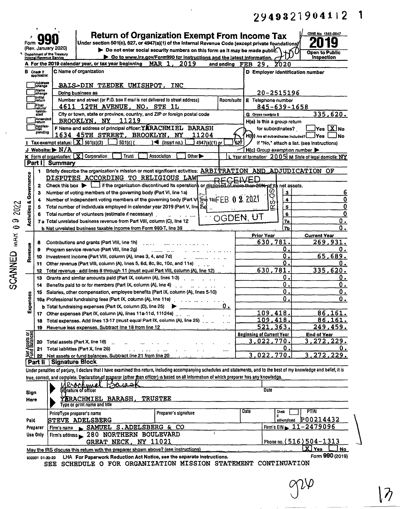 Image of first page of 2019 Form 990 for Bais Din Tzedek Umishpot