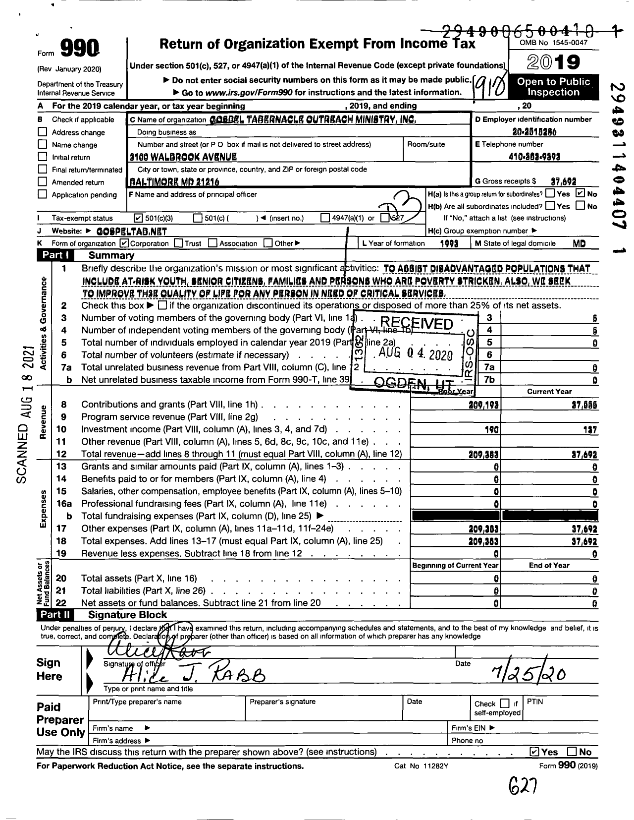 Image of first page of 2019 Form 990 for Gospel Tabernacle Outreach Ministry