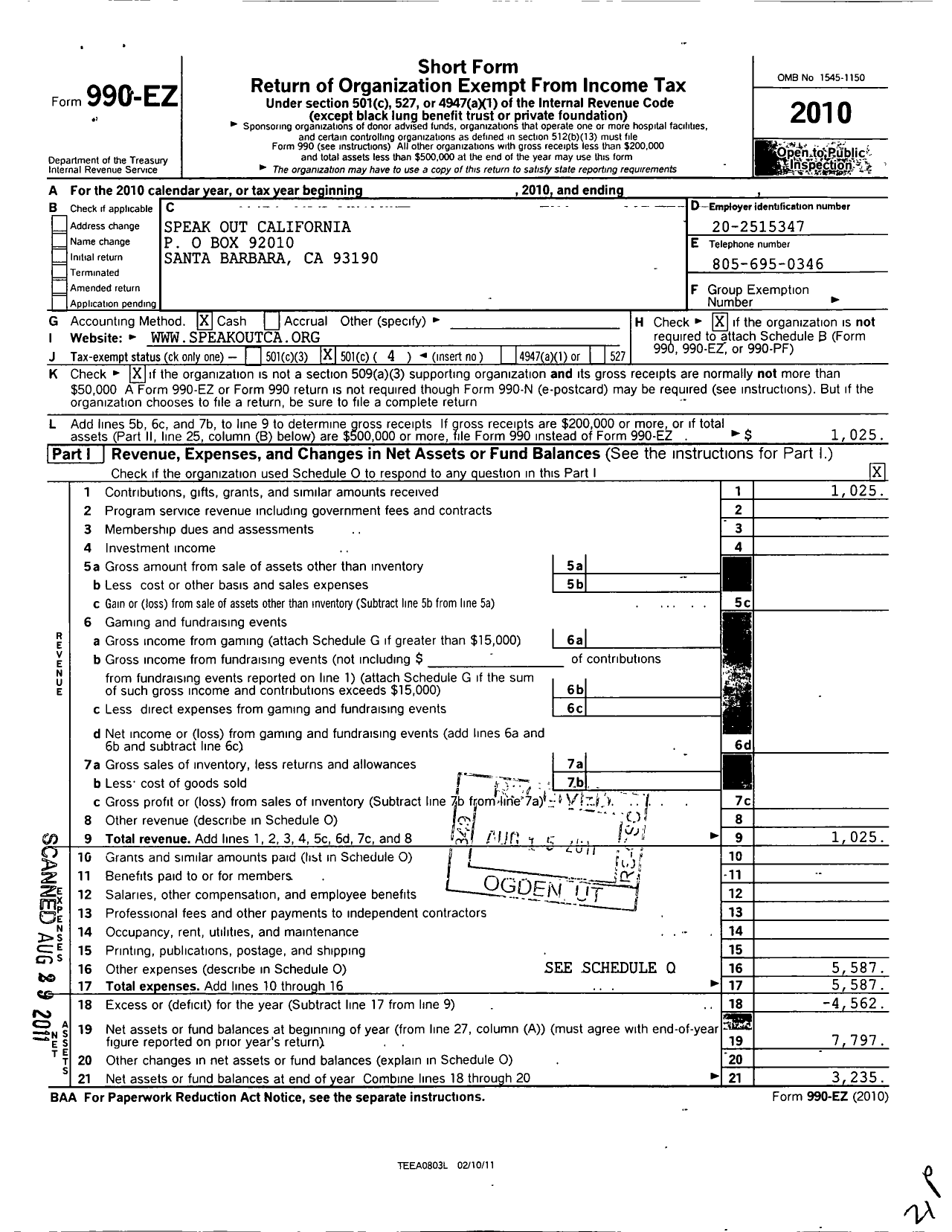 Image of first page of 2010 Form 990EO for Speak Out California