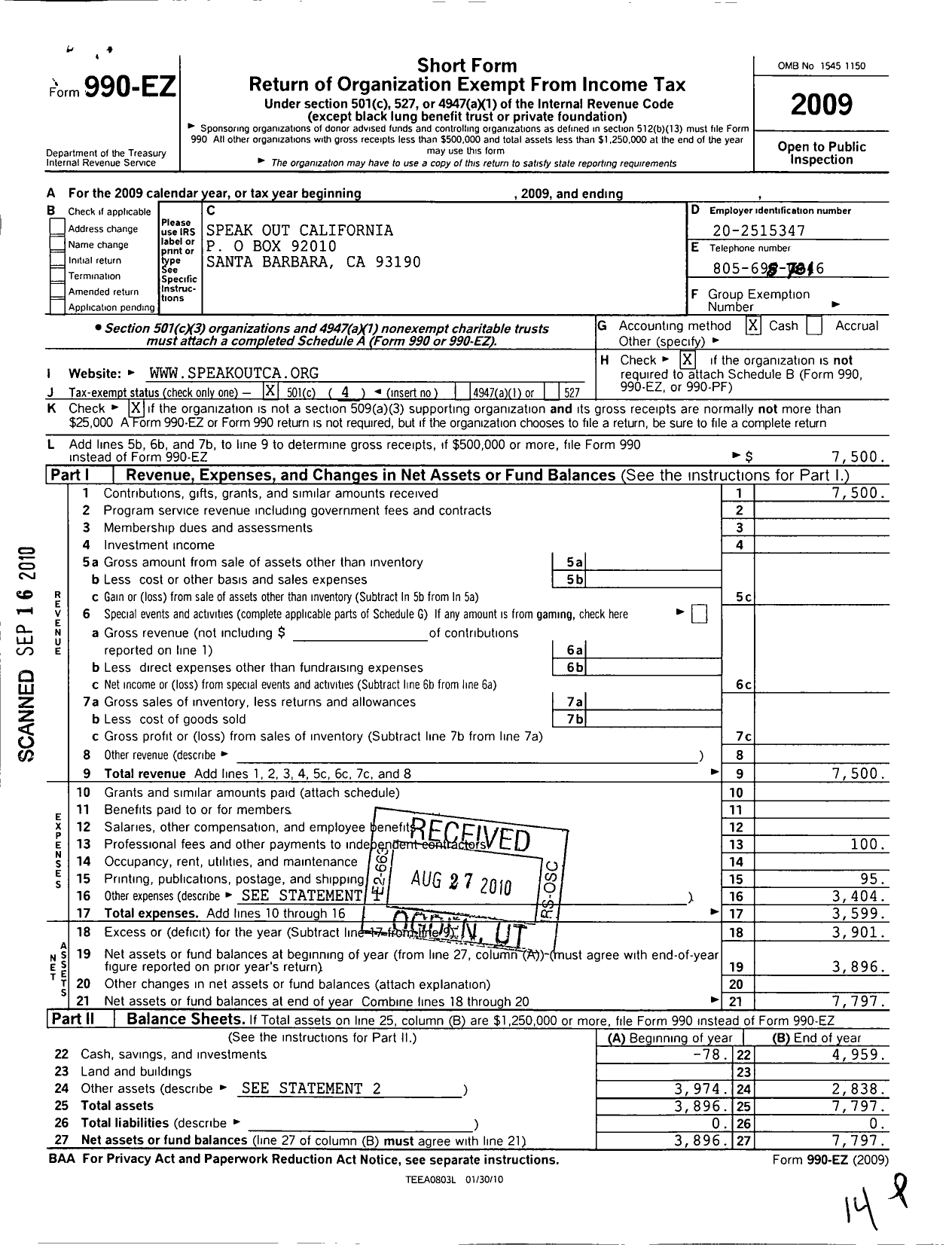 Image of first page of 2009 Form 990EO for Speak Out California