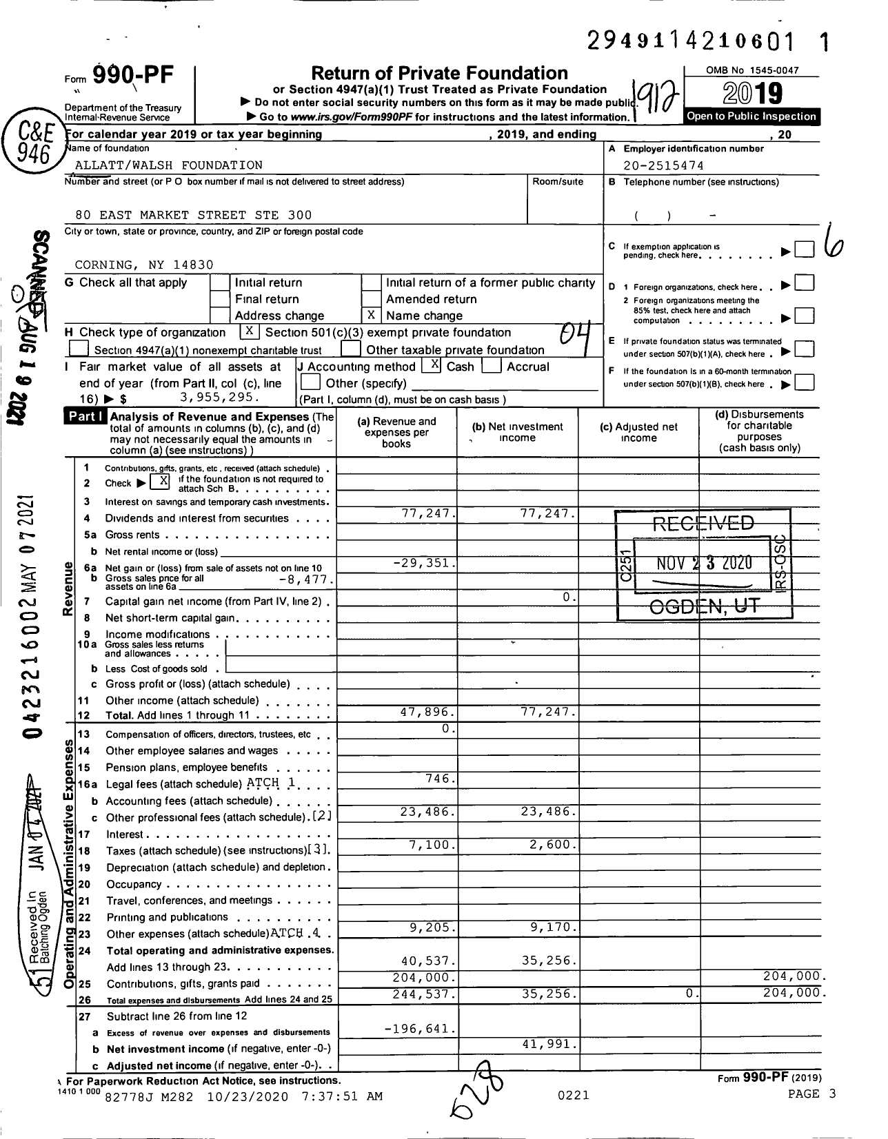 Image of first page of 2019 Form 990PF for AllattWalsh Foundation