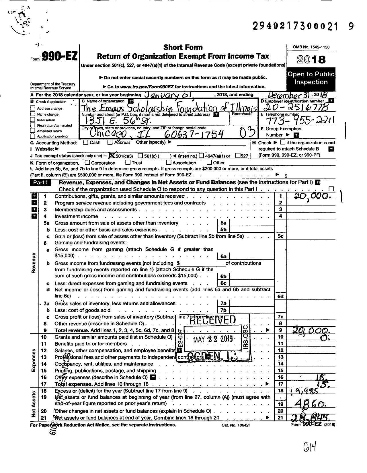 Image of first page of 2018 Form 990EZ for Emaus Scholarship Foundation of Illinois