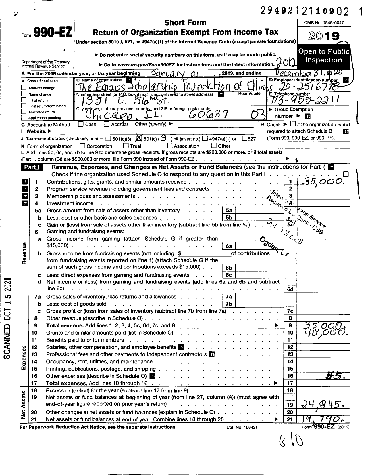 Image of first page of 2020 Form 990EZ for Emaus Scholarship Foundation of Illinois