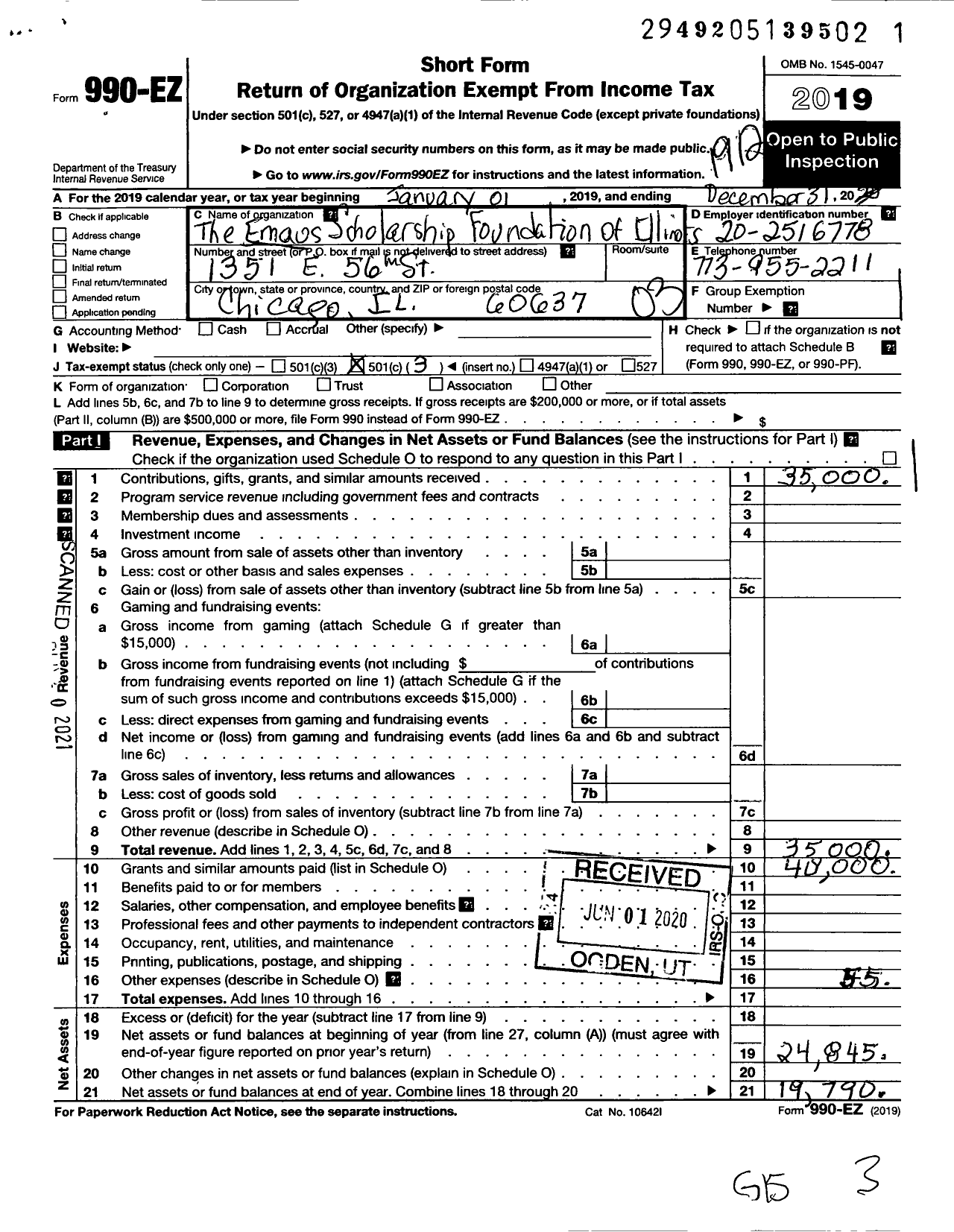 Image of first page of 2019 Form 990EZ for Emaus Scholarship Foundation of Illinois