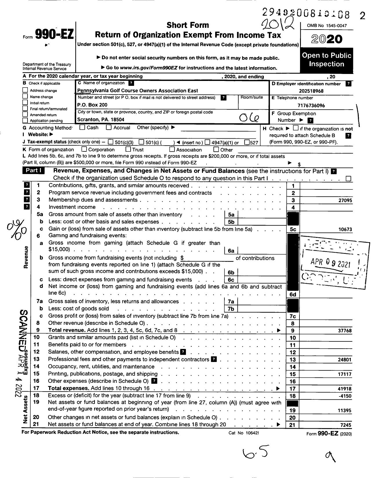 Image of first page of 2020 Form 990EO for Pennsylvania Golf Course Owners Association East