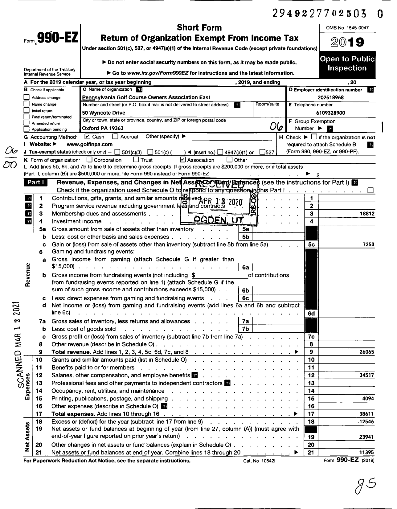 Image of first page of 2019 Form 990EO for Pennsylvania Golf Course Owners Association East