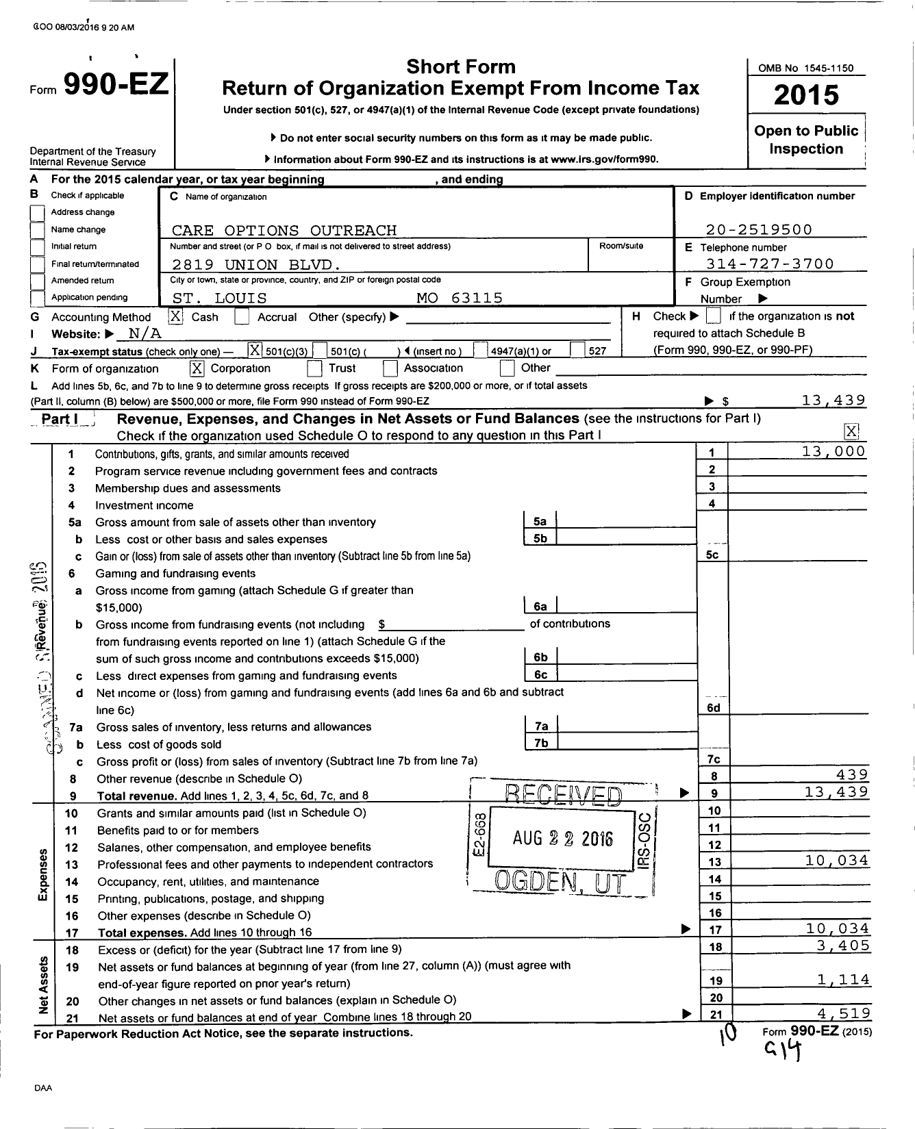 Image of first page of 2015 Form 990EZ for Care Options Outreach