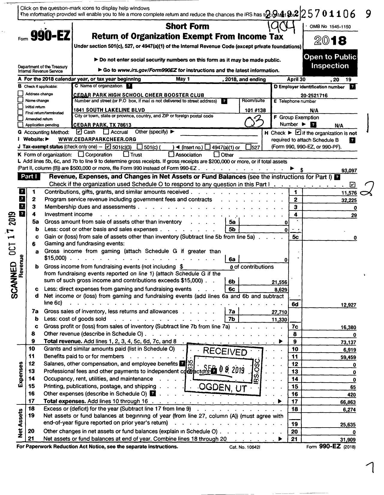 Image of first page of 2018 Form 990EZ for Cedar Park High School Cheer Booster Club