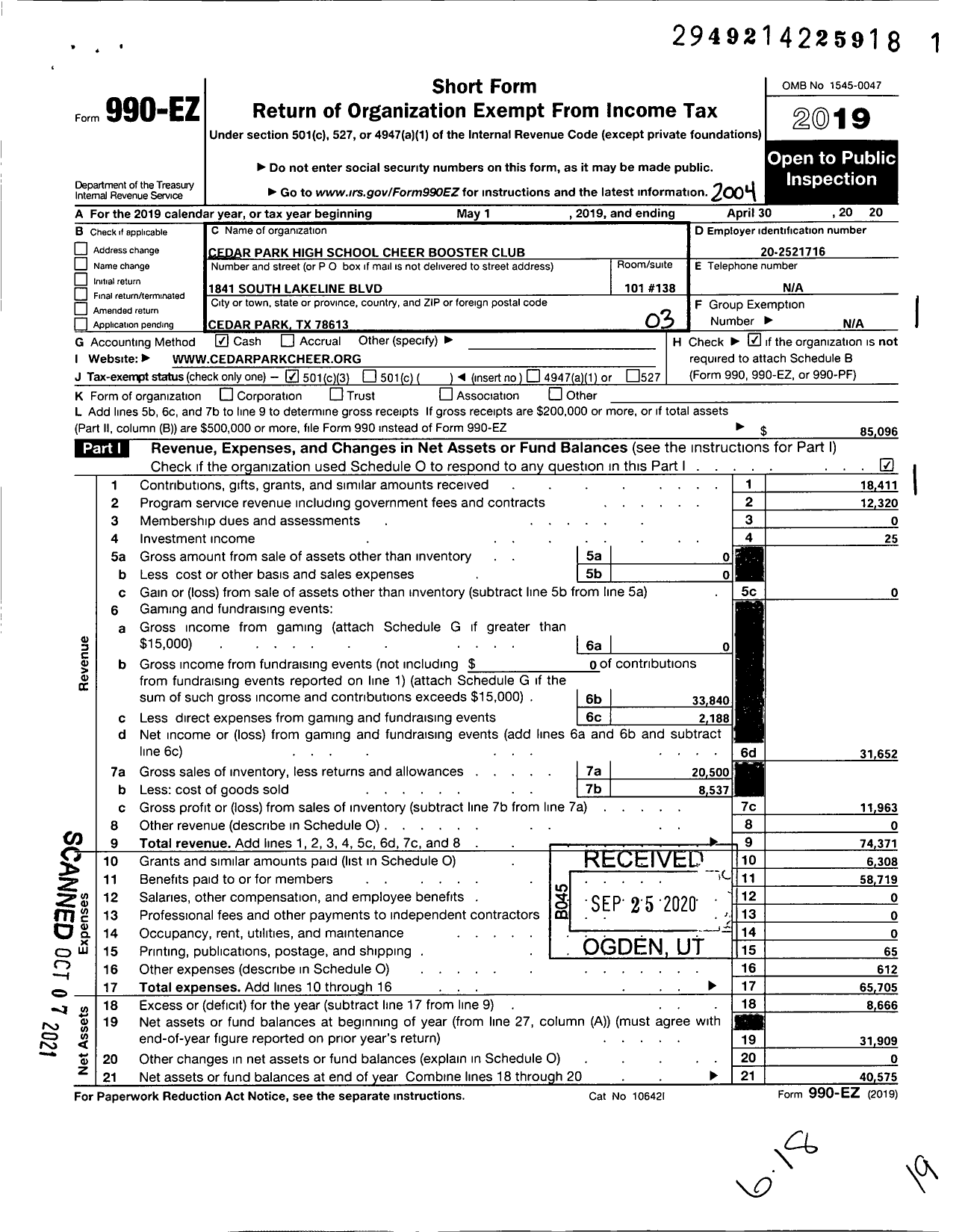 Image of first page of 2019 Form 990EZ for Cedar Park High School Cheer Booster Club