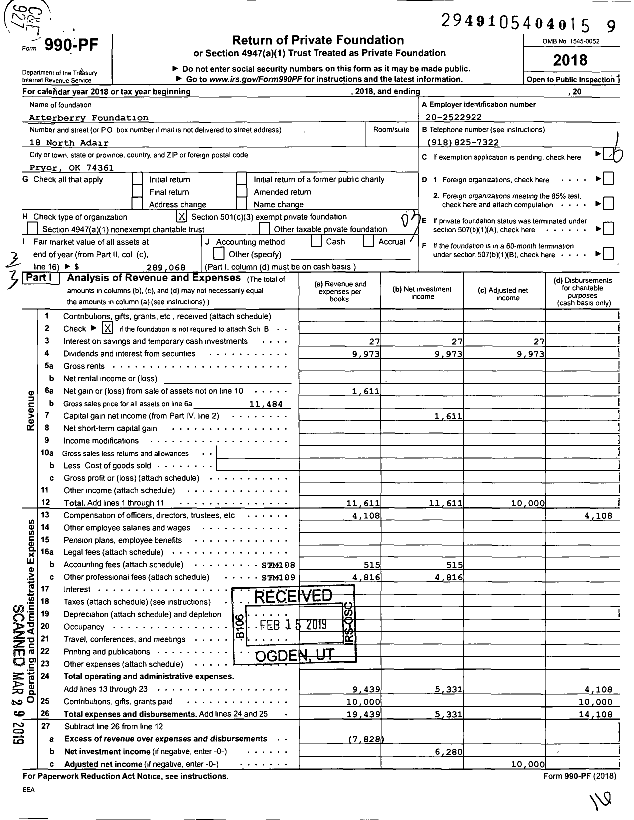 Image of first page of 2018 Form 990PF for Arterberry Foundation