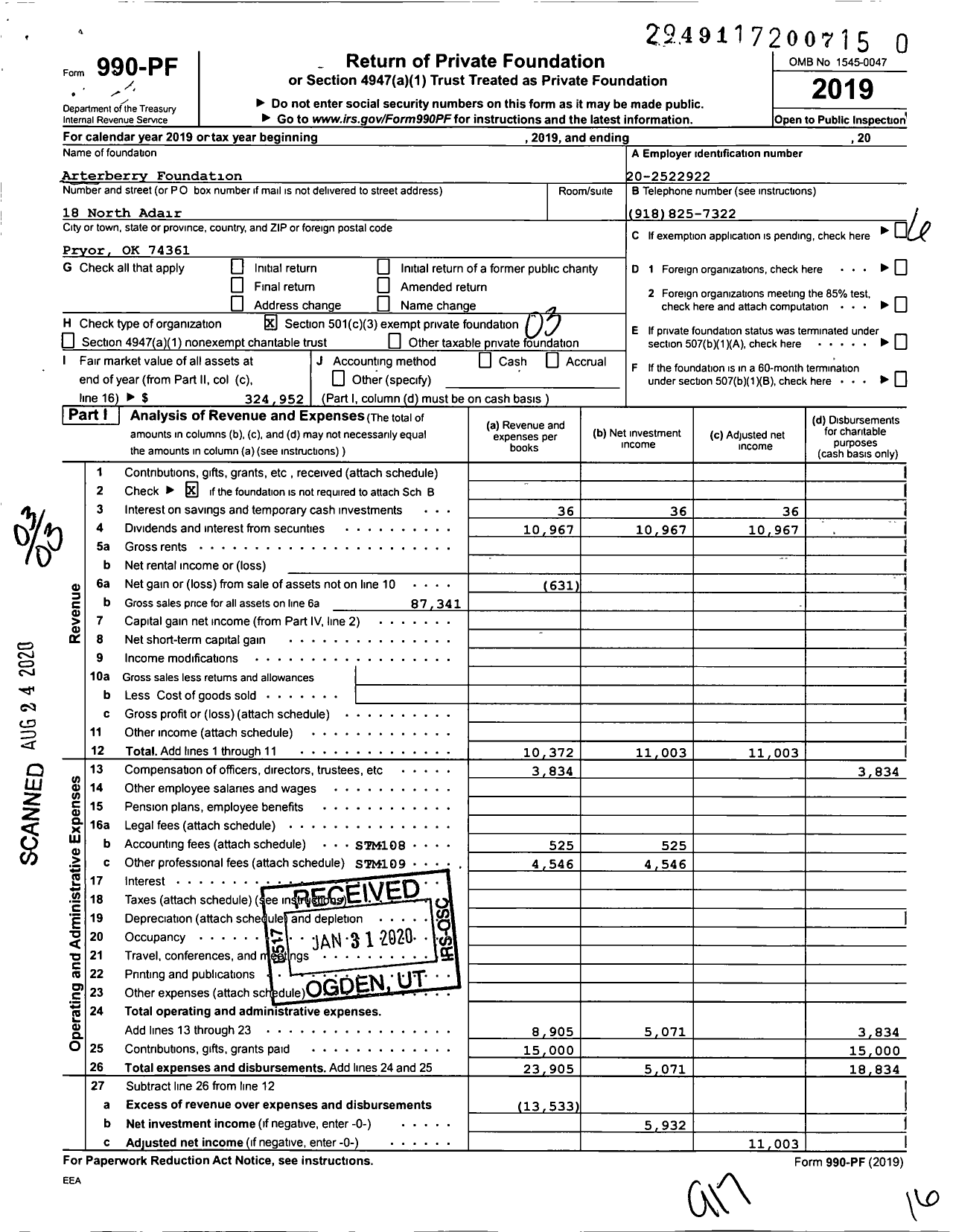 Image of first page of 2019 Form 990PR for Arterberry Foundation
