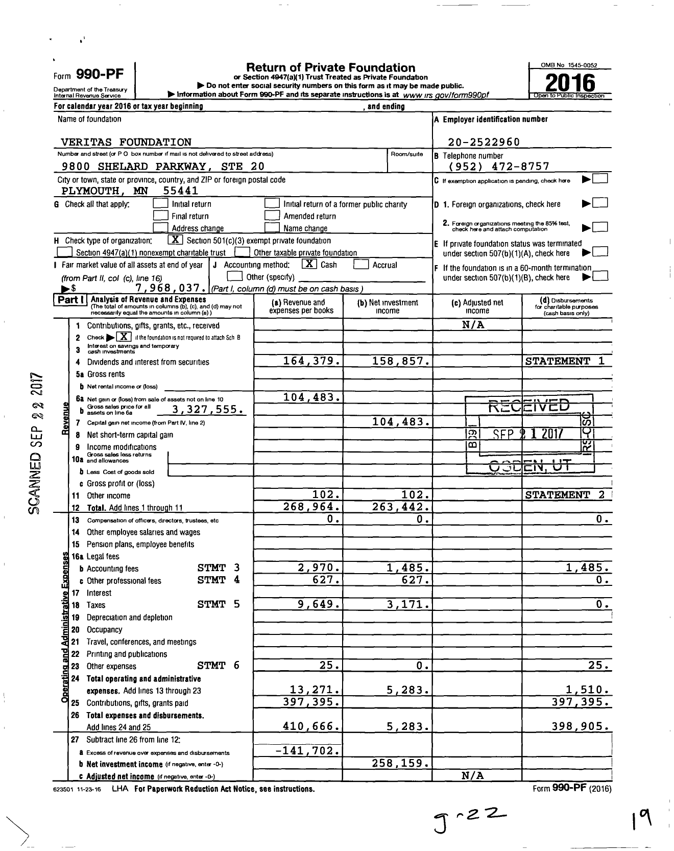 Image of first page of 2016 Form 990PF for Veritas Foundation