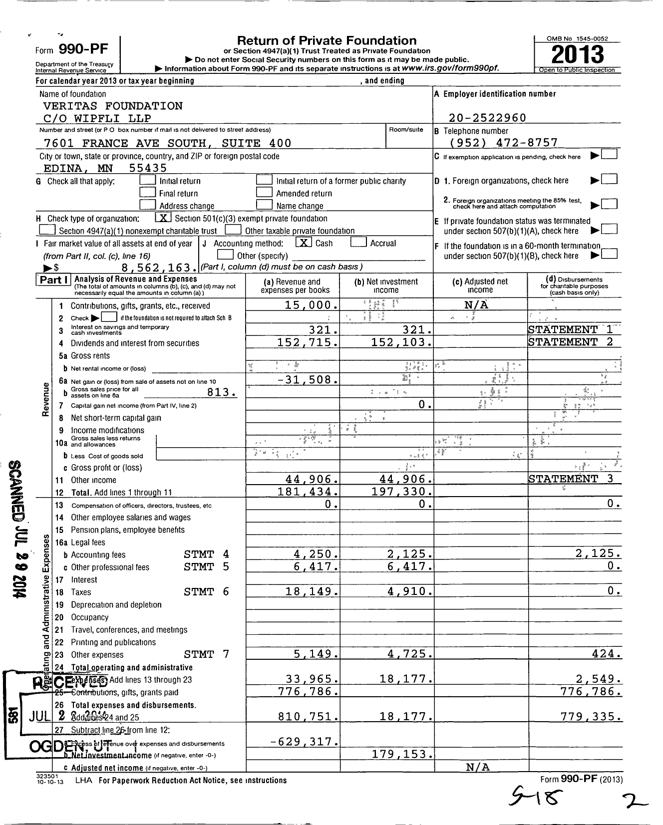 Image of first page of 2013 Form 990PF for Veritas Foundation