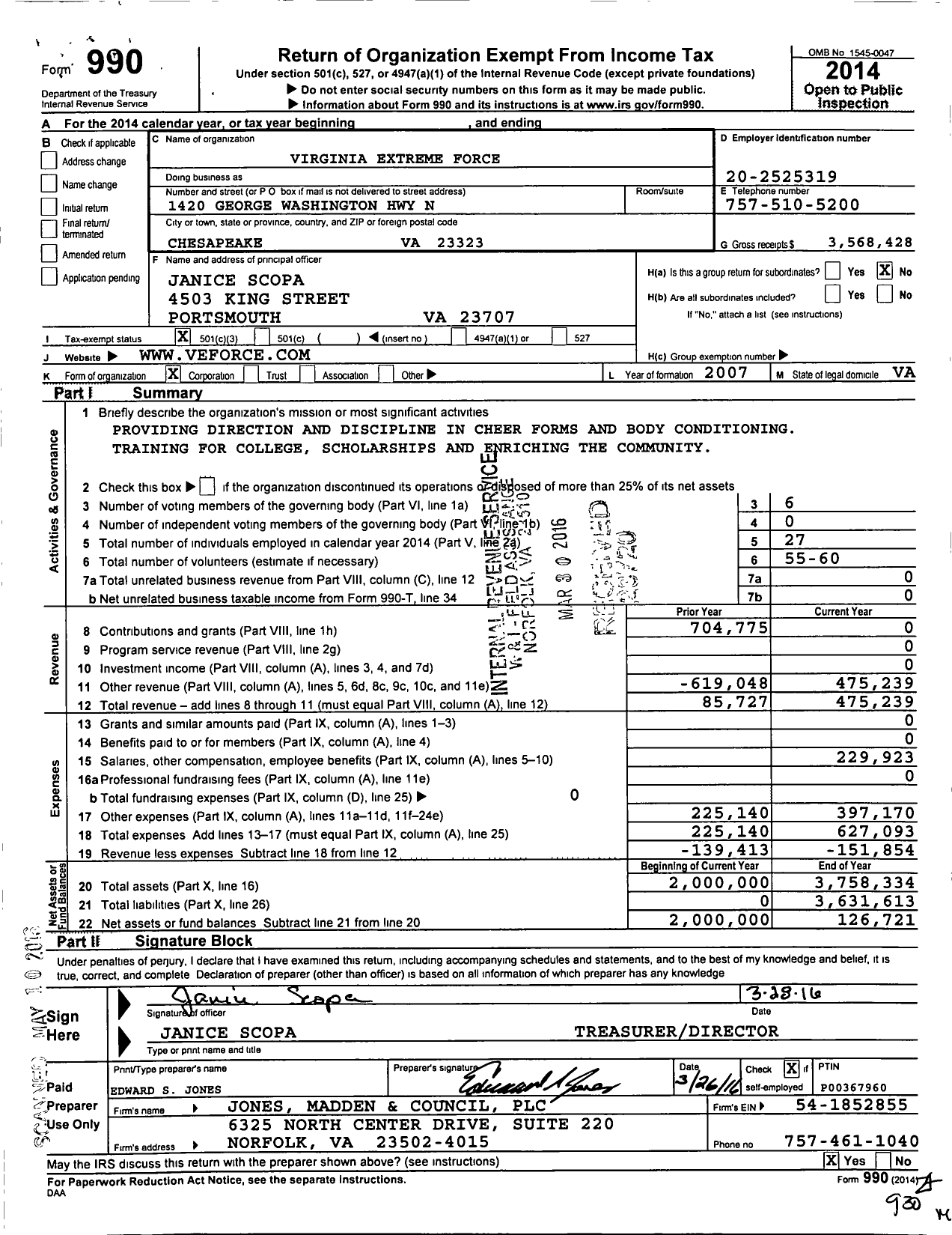 Image of first page of 2014 Form 990 for Virginia Extreme Force