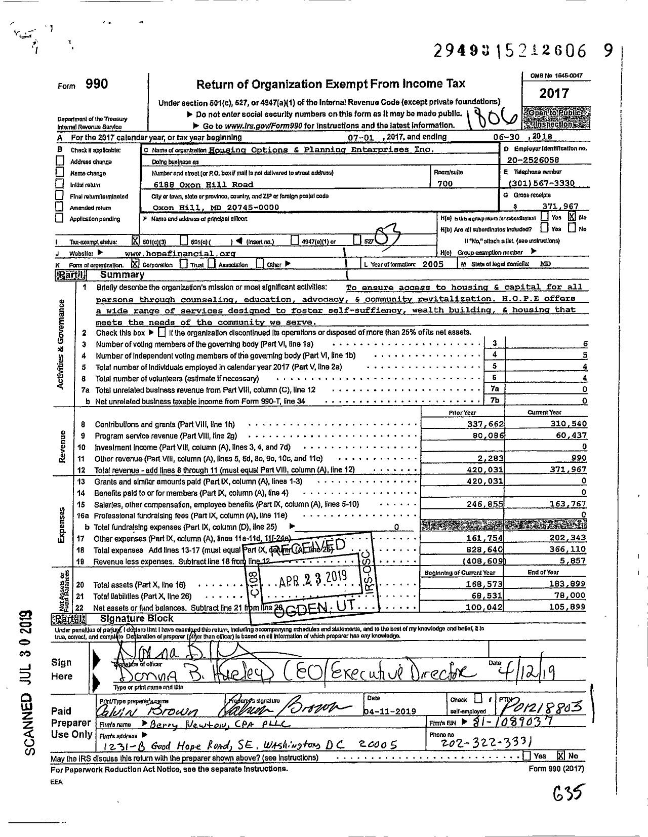 Image of first page of 2017 Form 990 for Housing Options and Planning Enterprises