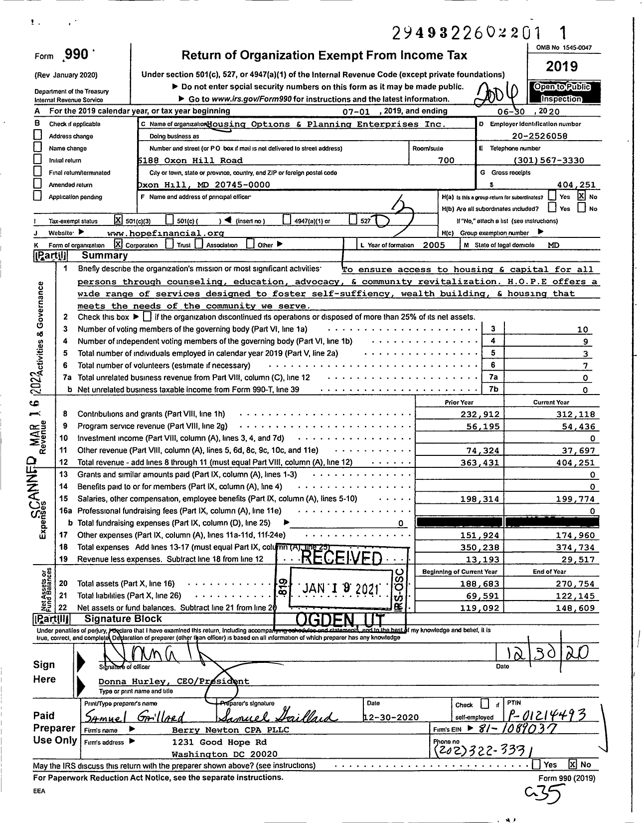 Image of first page of 2019 Form 990 for Housing Options and Planning Enterprises