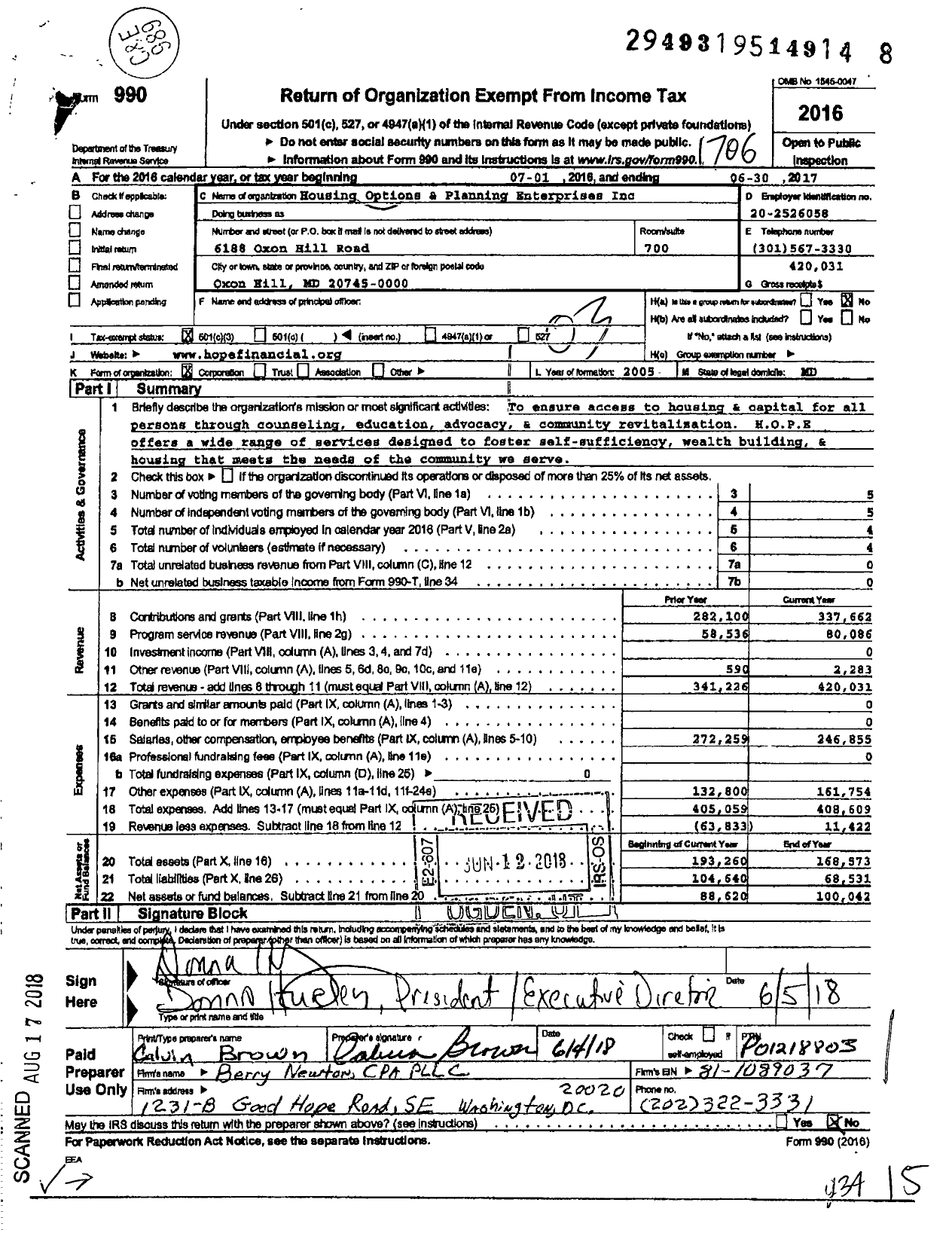 Image of first page of 2016 Form 990 for Housing Options and Planning Enterprises