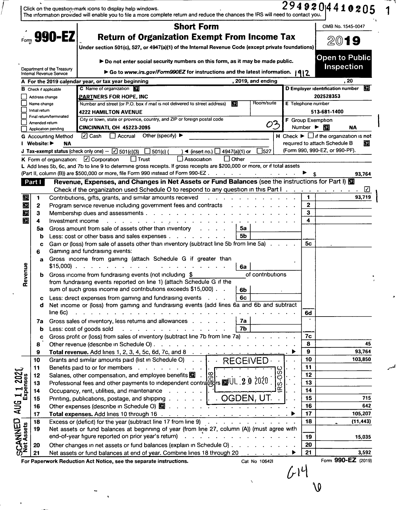 Image of first page of 2019 Form 990EZ for Partners for Hope / Stephen H Grant