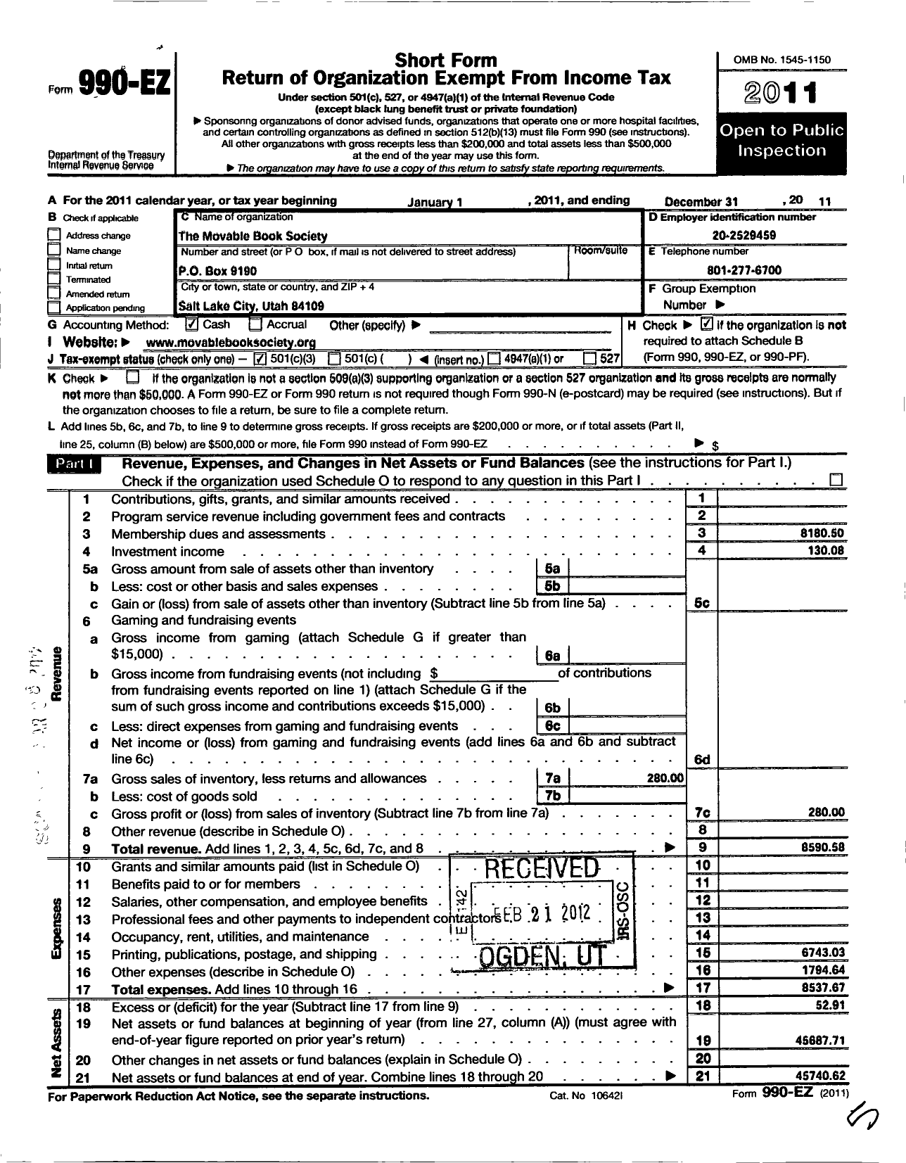 Image of first page of 2011 Form 990EZ for Movable Book Society