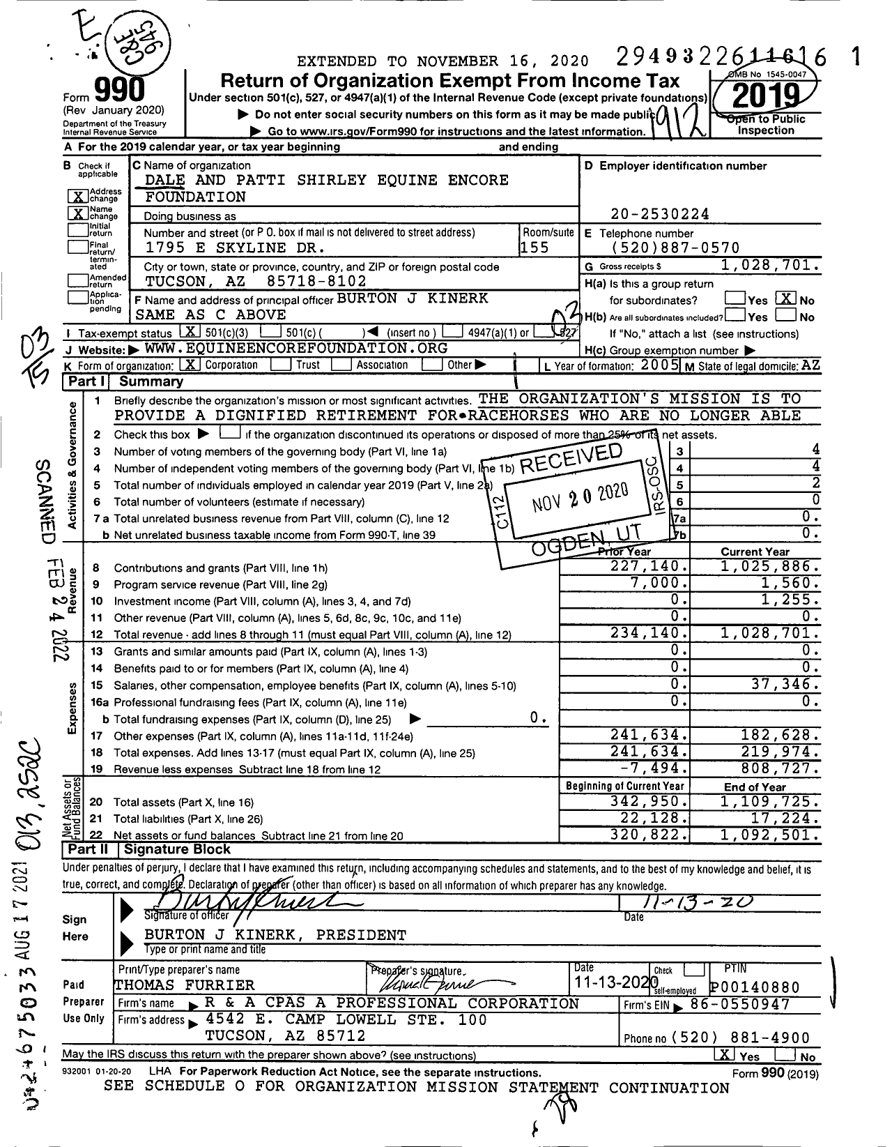 Image of first page of 2019 Form 990 for Dale and Patti Shirley Equine Encore Foundation